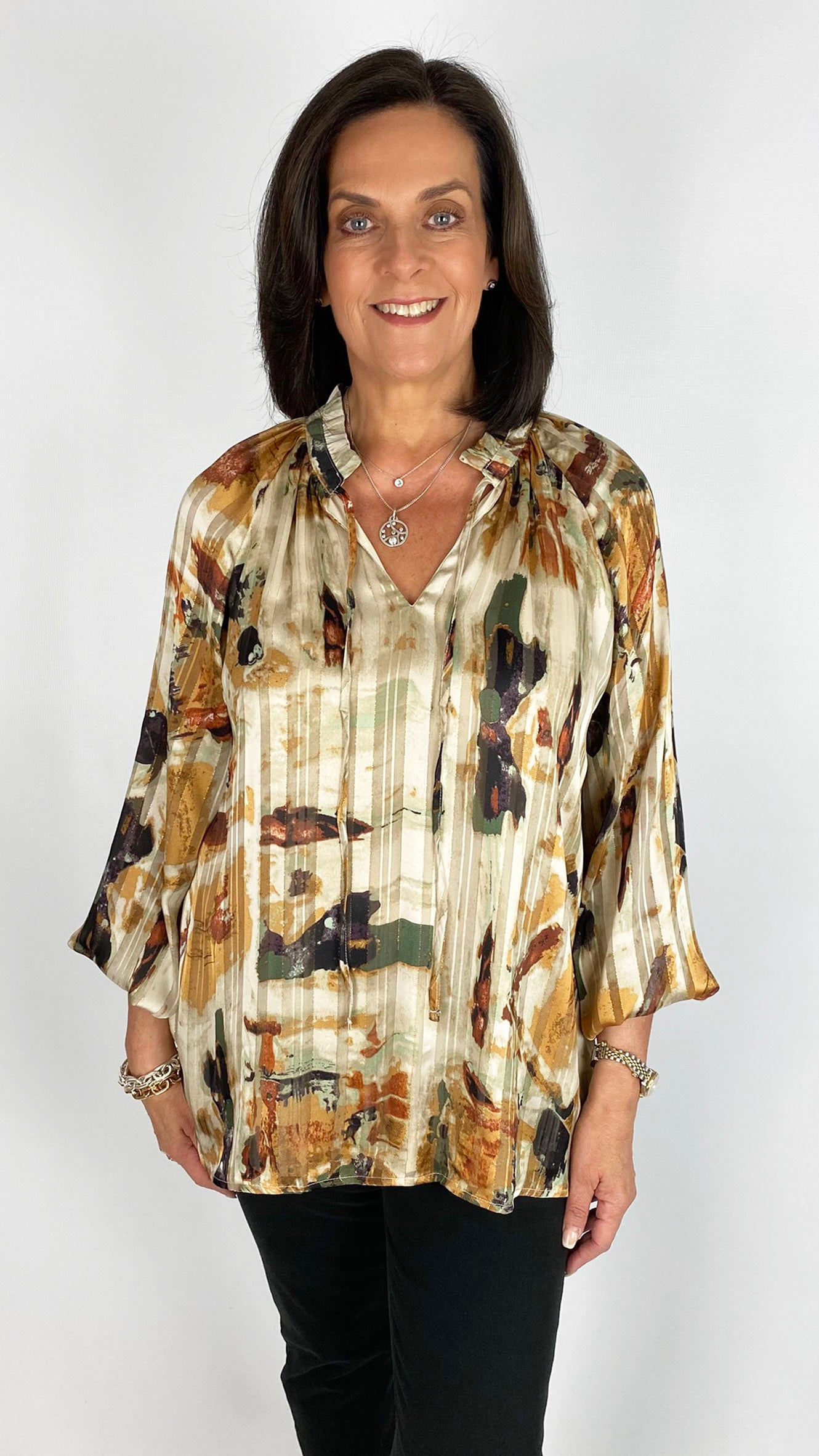 Tie-or-not printed vegan silk blouse
