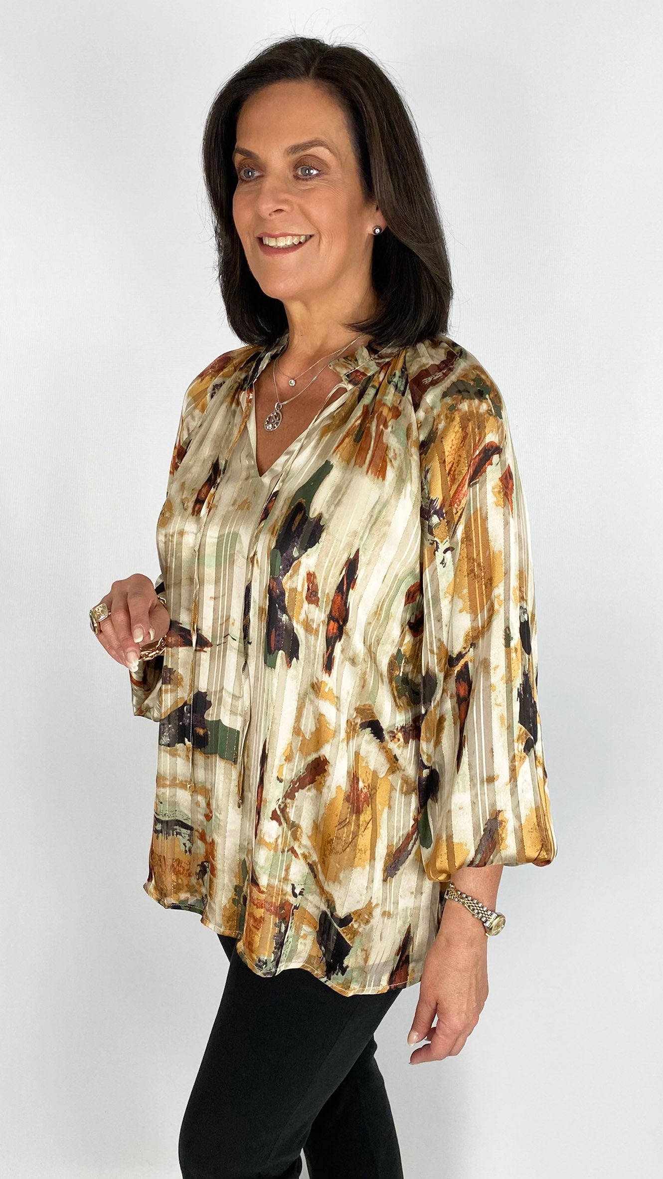 Tie-or-not printed vegan silk blouse