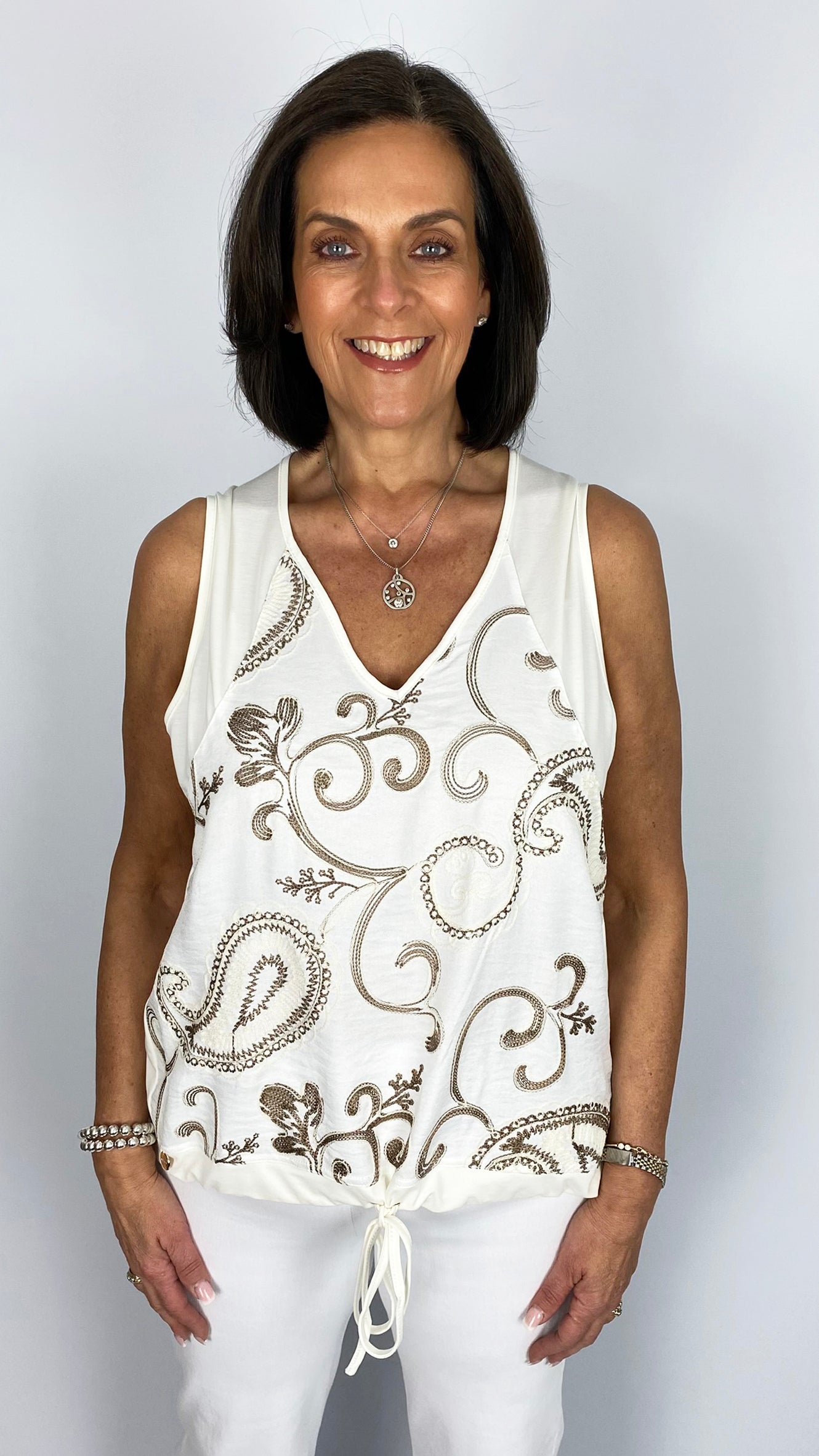 Embroidered jersey v-neck top with drawstring hem | 2 Colours | by Malissa J