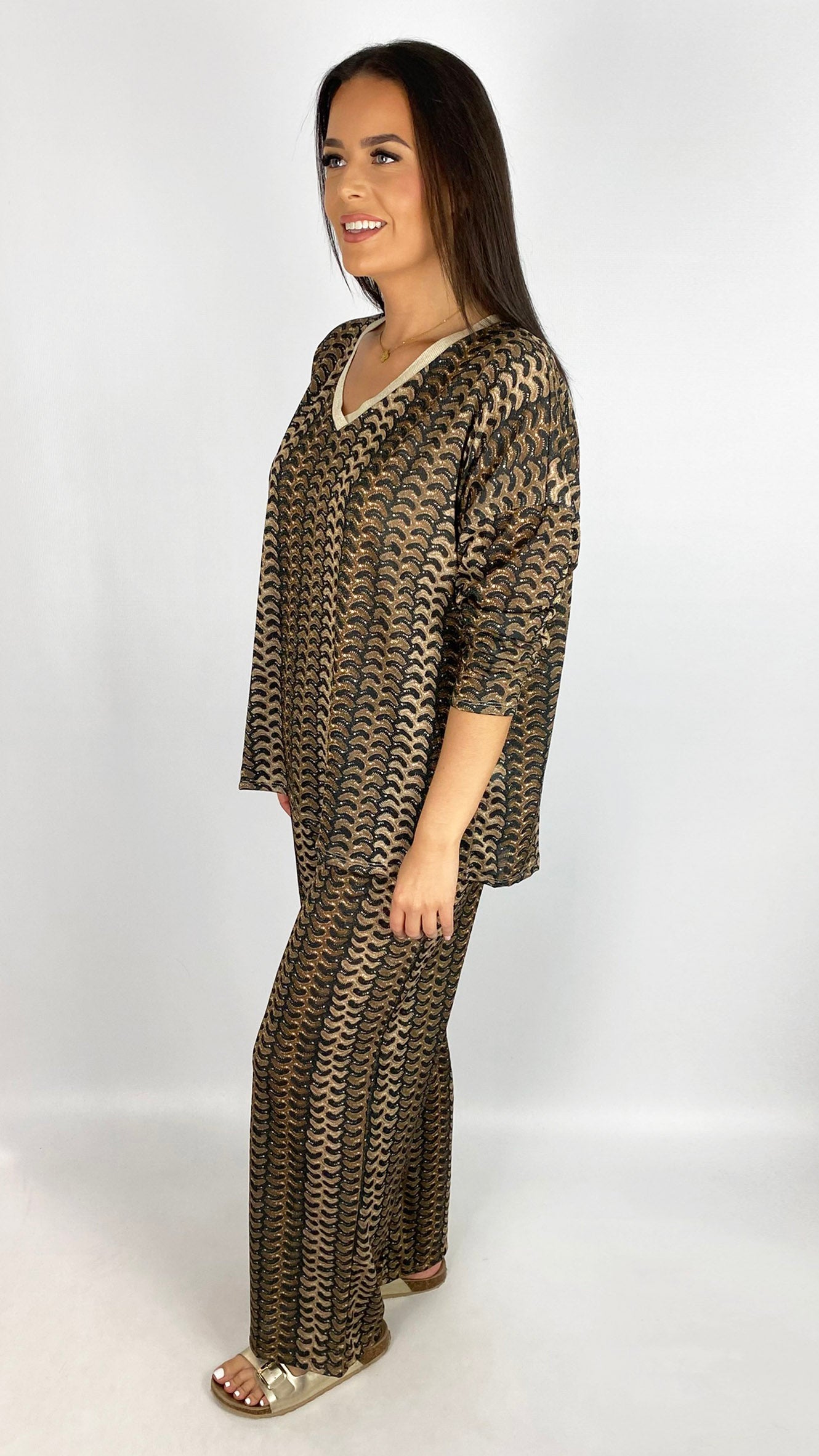 Soft lurex designer-inspired crease free top & wide-leg trouser set | 3 Colours
