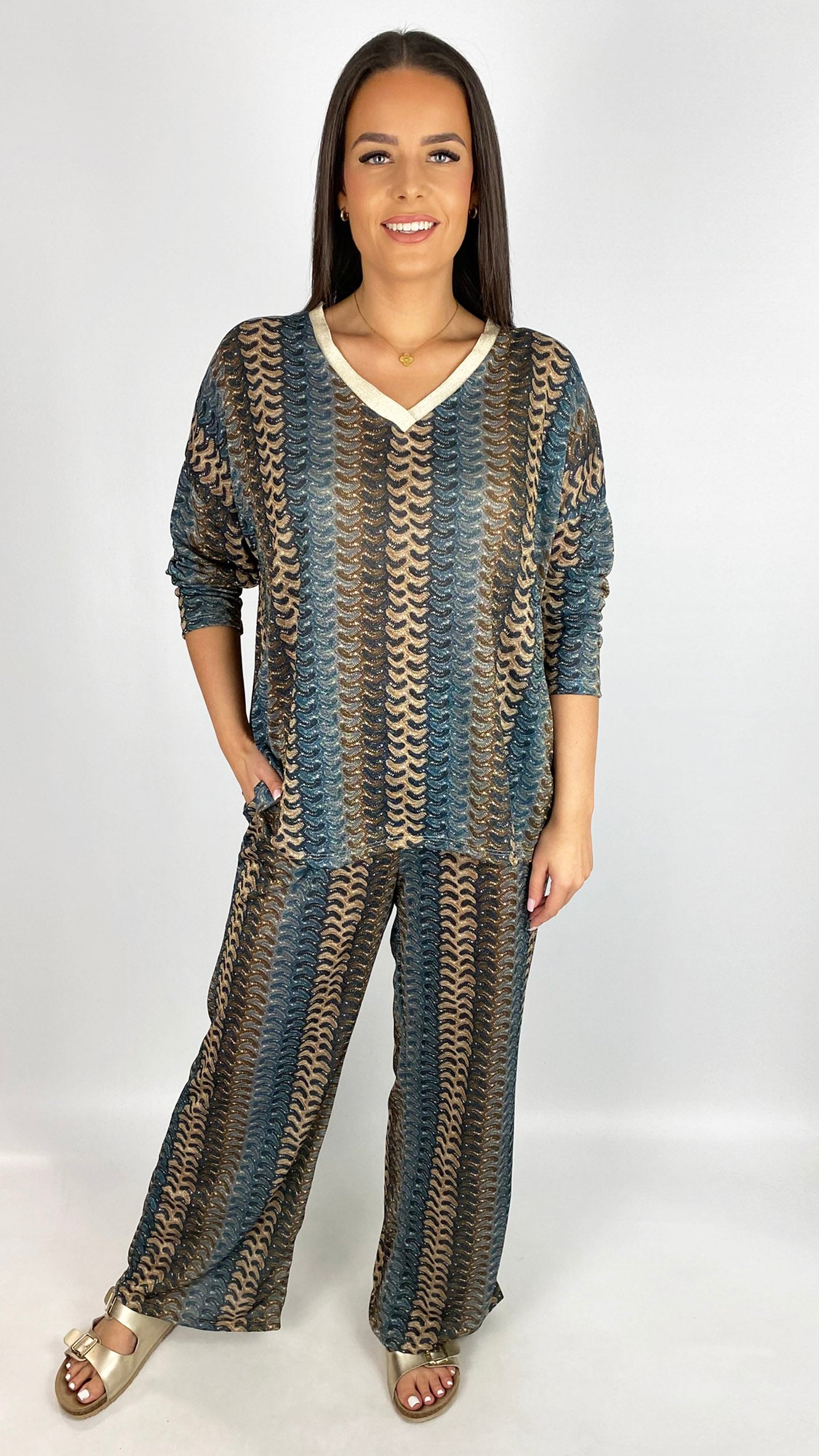 Soft lurex designer-inspired crease free top & wide-leg trouser set | 3 Colours