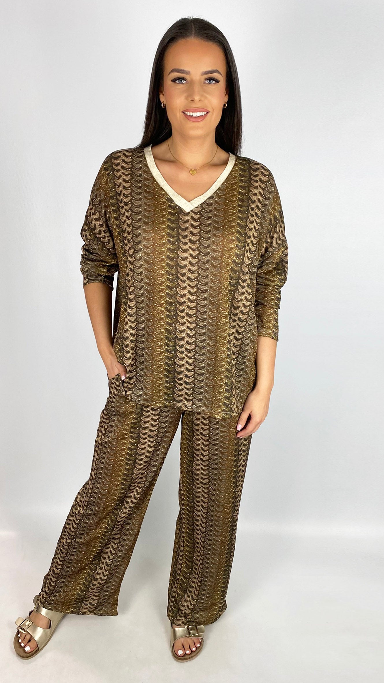 Soft lurex designer-inspired crease free top & wide-leg trouser set | 3 Colours