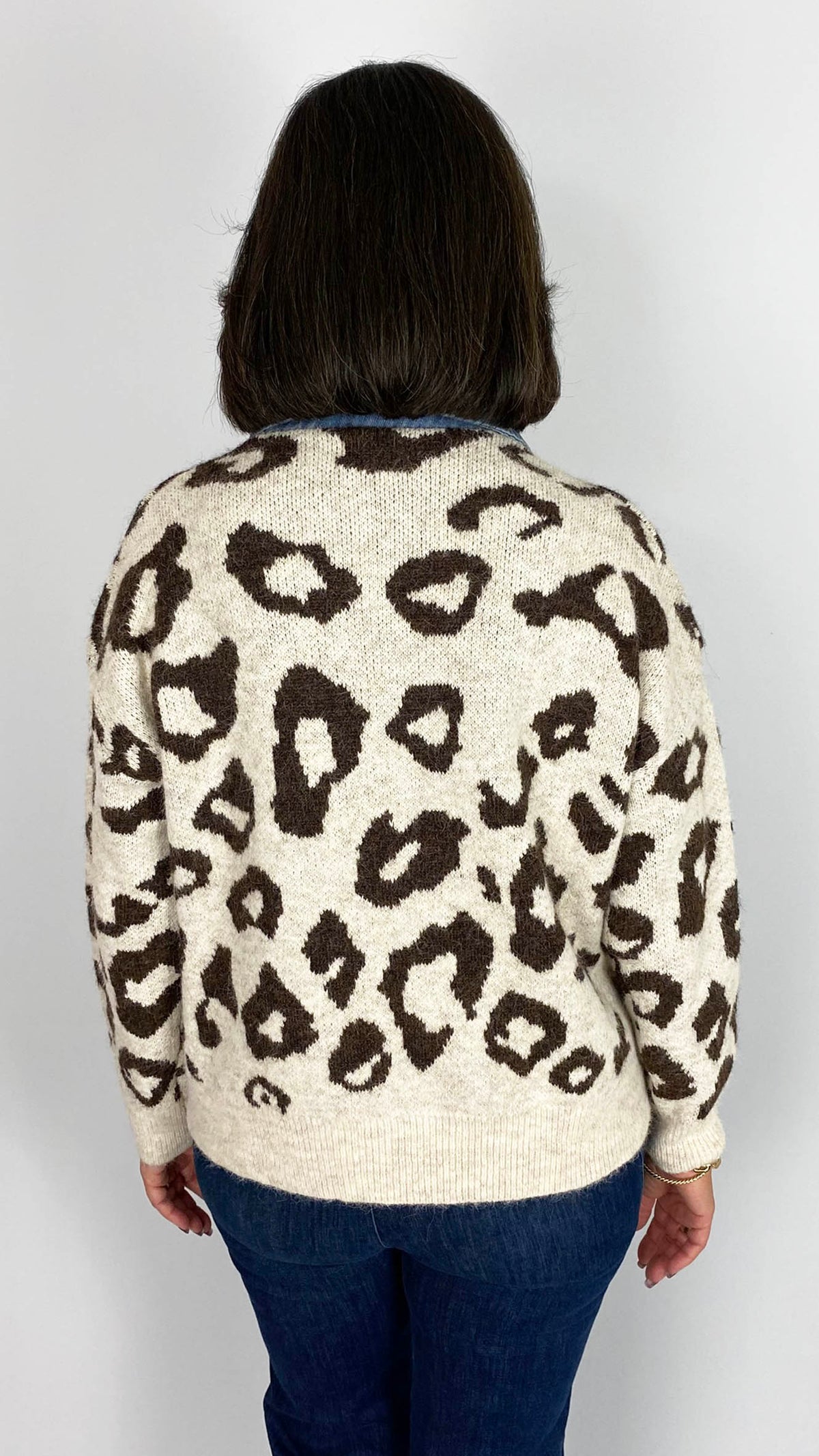 Denim collar leopard print jumper | Stone/Chocolate | 2 Sizes