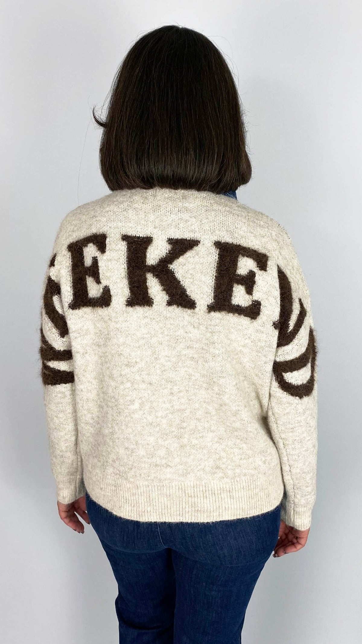Denim collar 'Weekend' slogan jumper | Stone/Chocolate