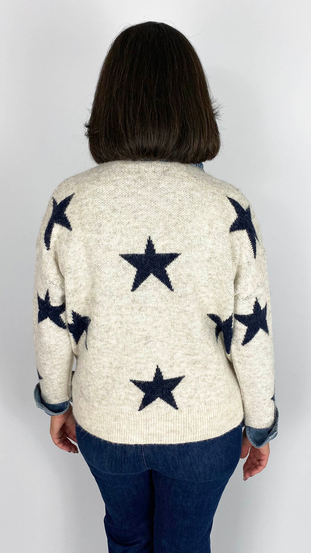 Denim collar & cuff multi star jumper | Stone/Navy