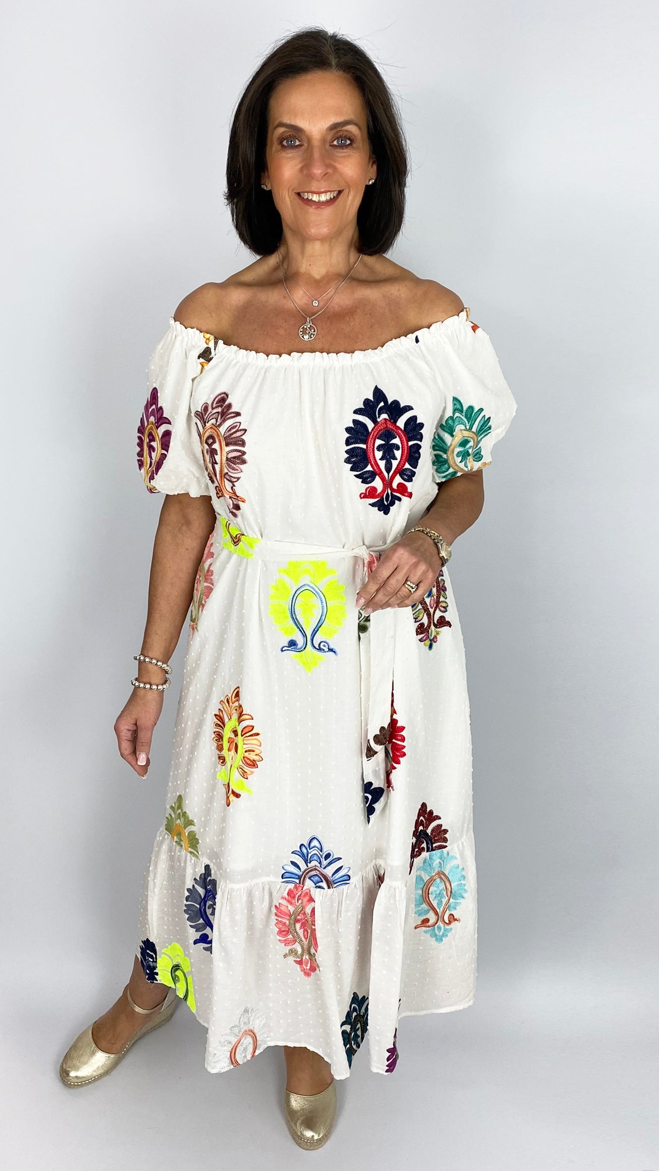 Embroidered bardot style dress | White Multi | by Malissa J