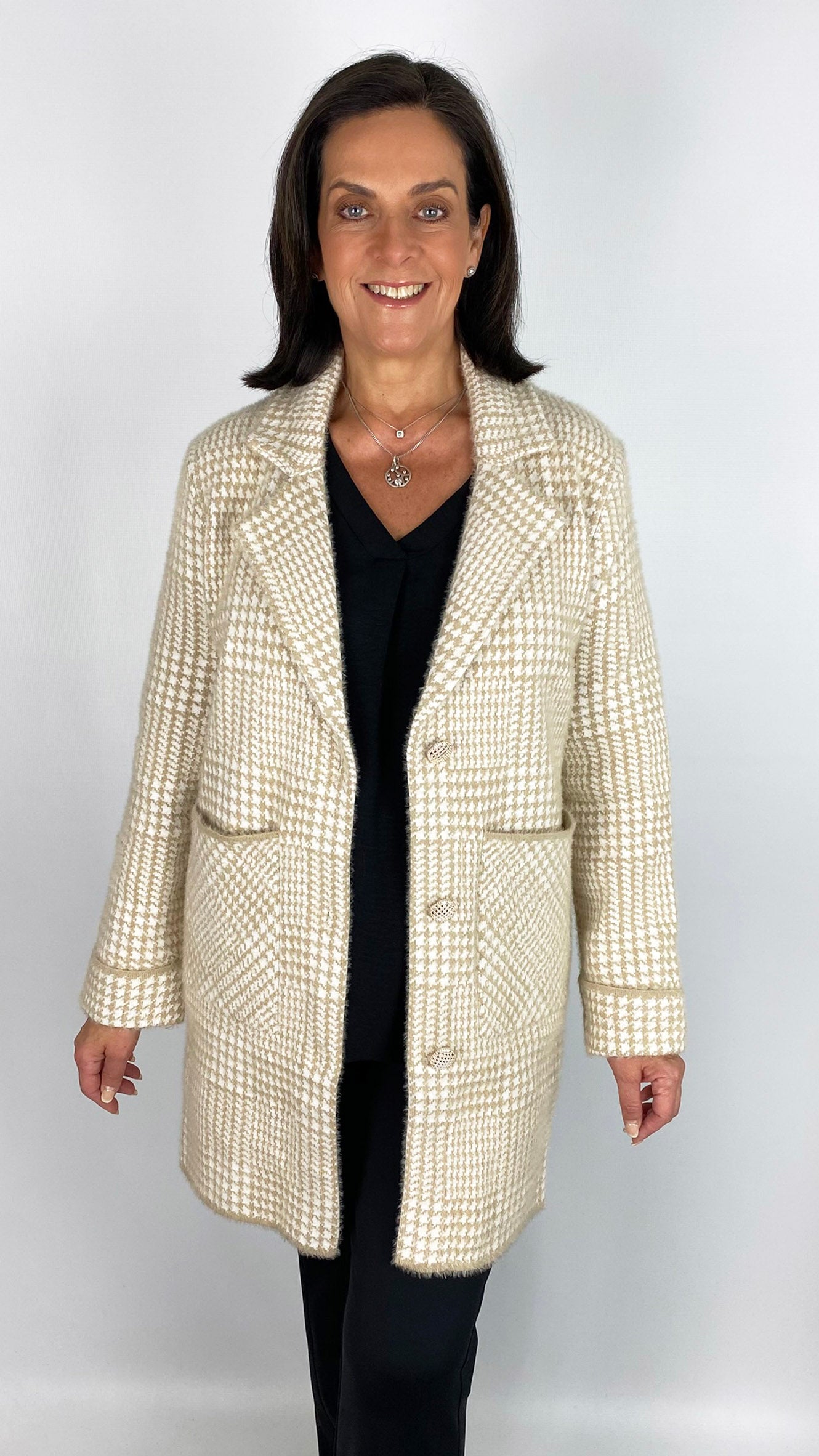 Houndstooth brushed knit longline jacket | Beige