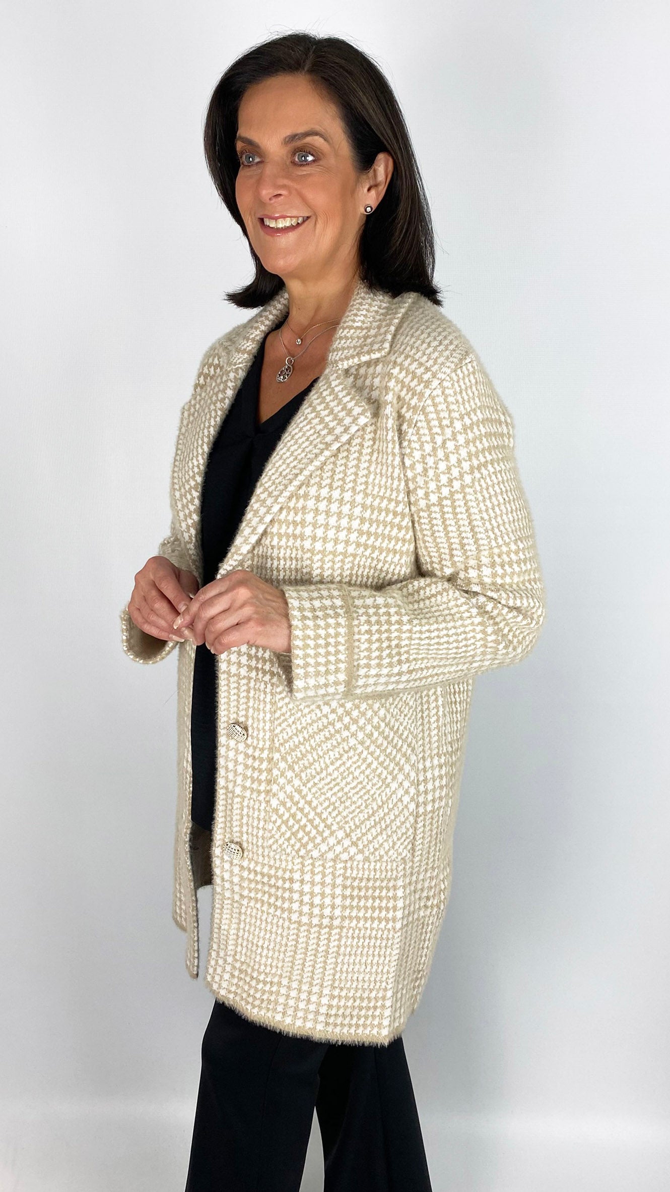 Houndstooth brushed knit longline jacket | Beige