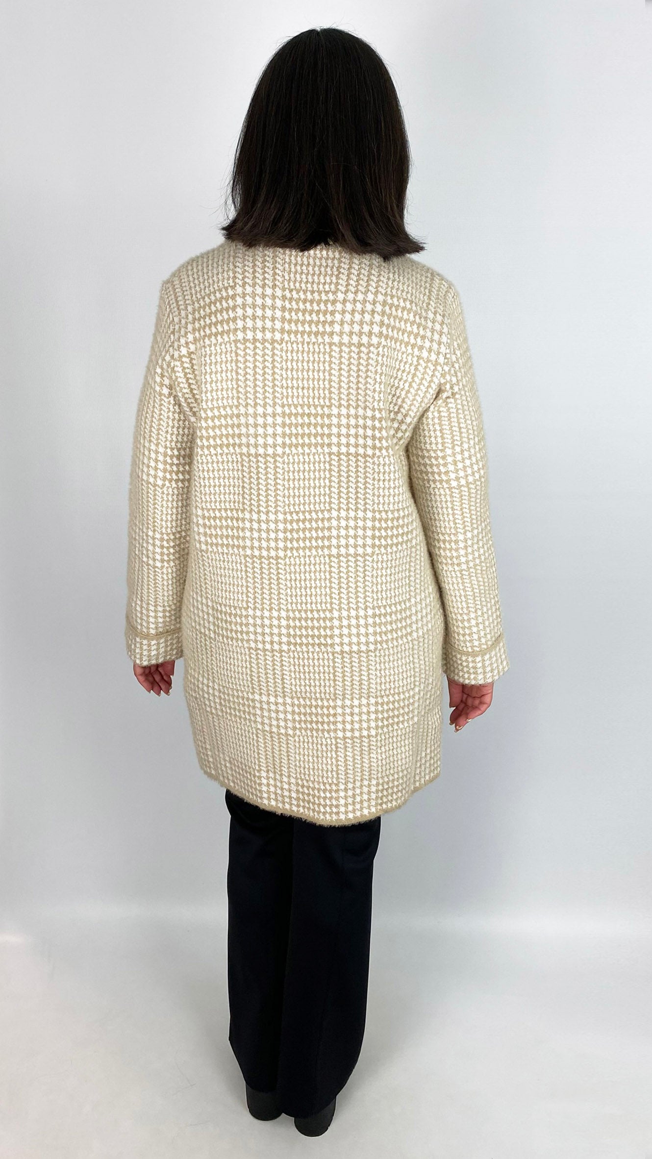 Houndstooth brushed knit longline jacket | Beige