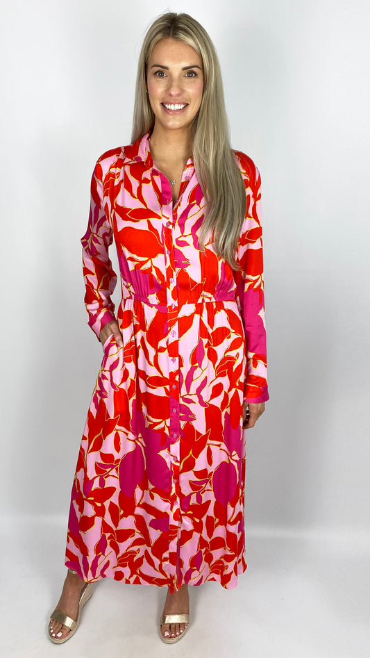 Shirt collar gathered detail Dress (Chilli print) by Smith & Soul - last 1
