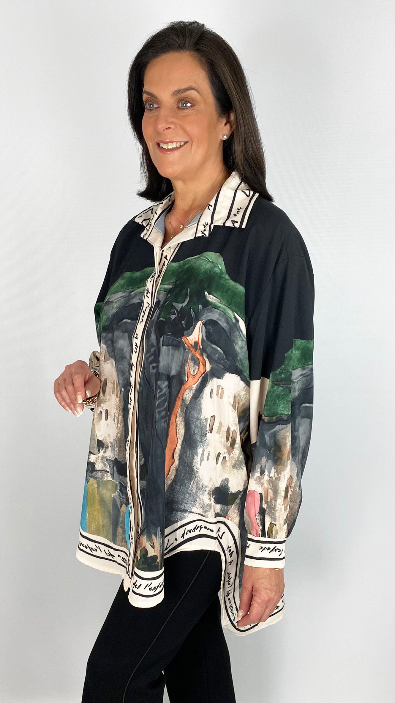 Landscape print hi-low shirt | Black | last 1