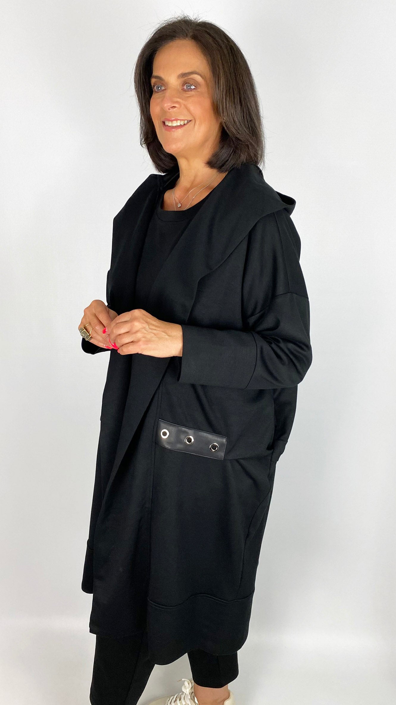 Eyelet detail jersey hooded longline jacket | 2 Colours | by Malissa J