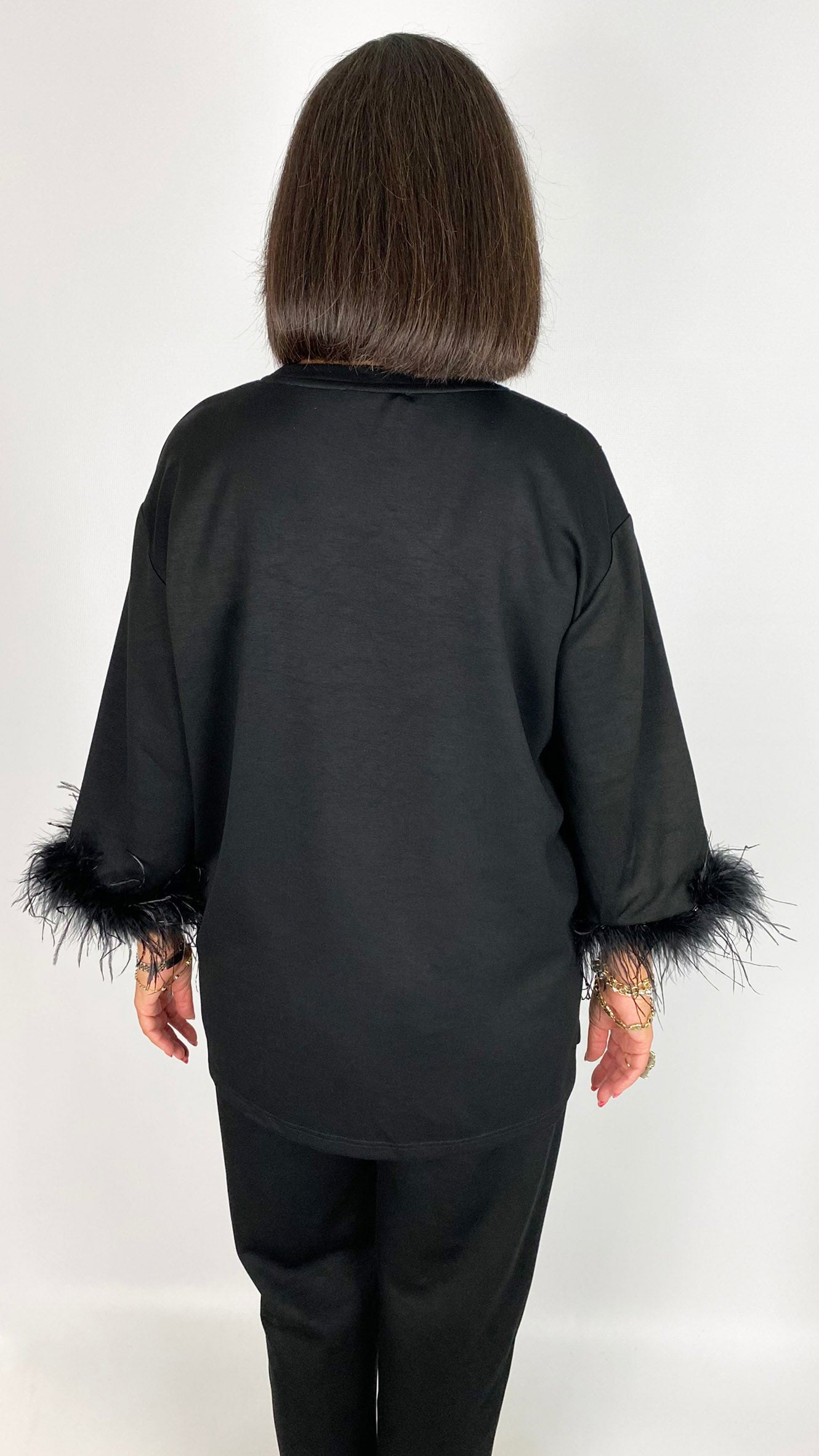Silky soft jersey studded top w/ feather cuffs | Black | by Malissa J