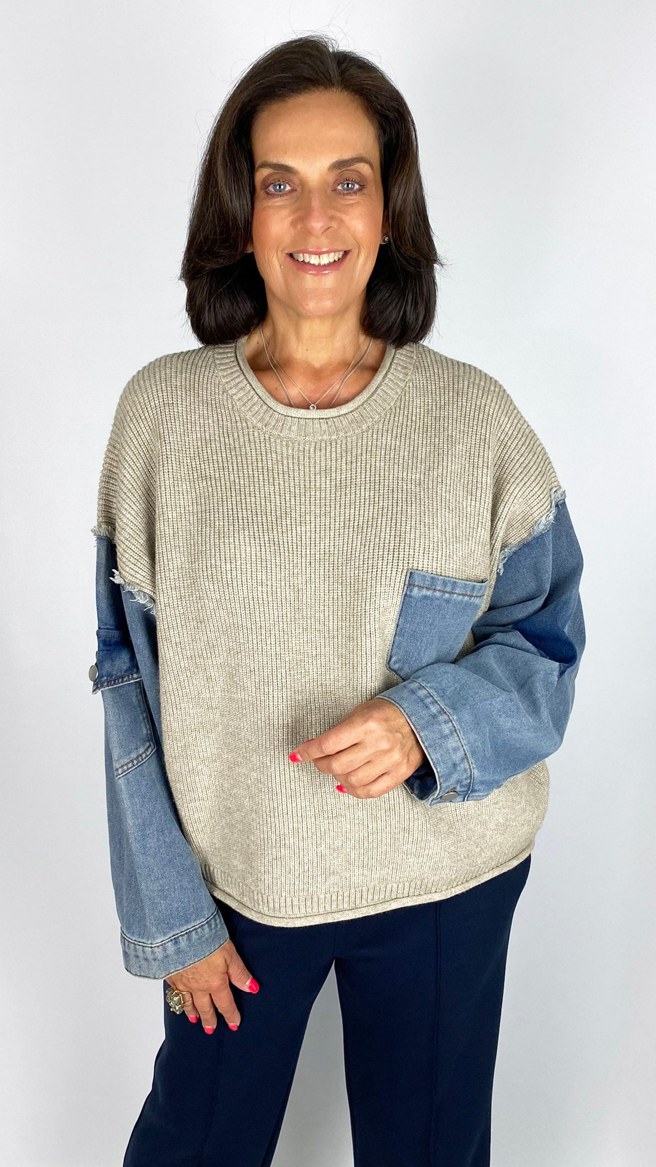 Knitted jumper w/ denim sleeves & pocket | Stone/Denim | by Malissa J