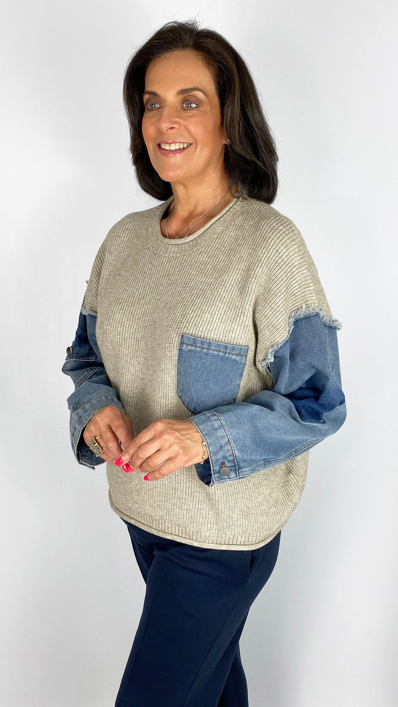 Knitted jumper w/ denim sleeves & pocket | Stone/Denim | by Malissa J