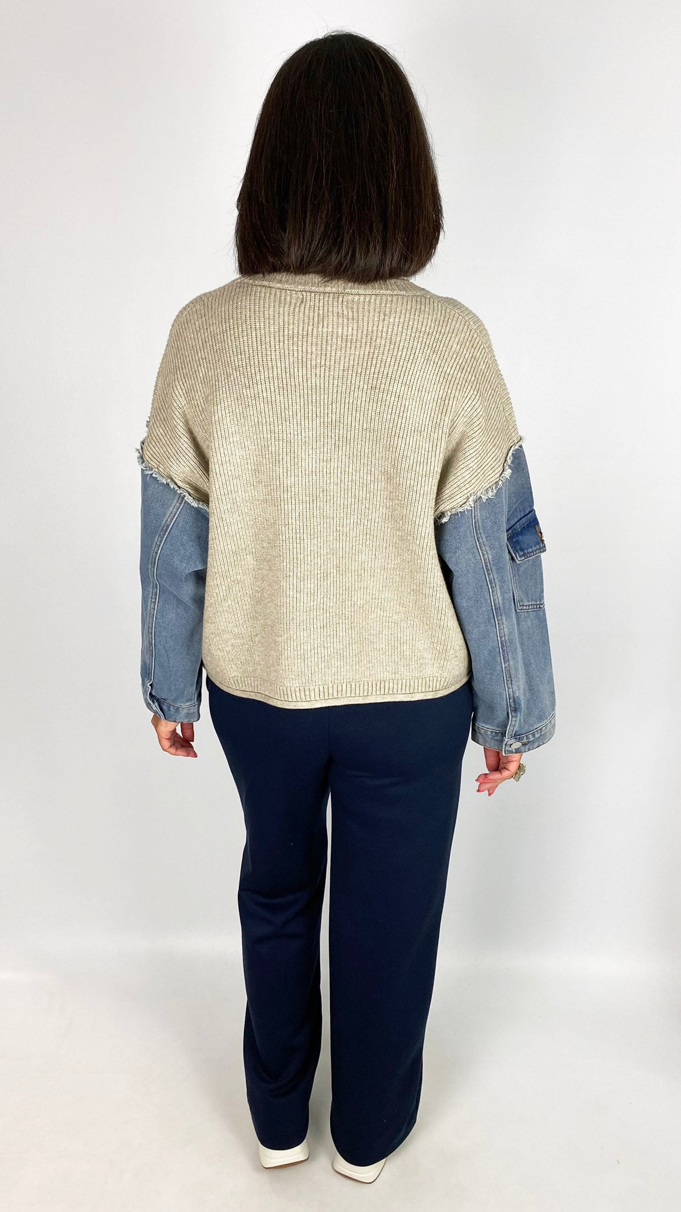 Knitted jumper w/ denim sleeves & pocket | Stone/Denim | by Malissa J