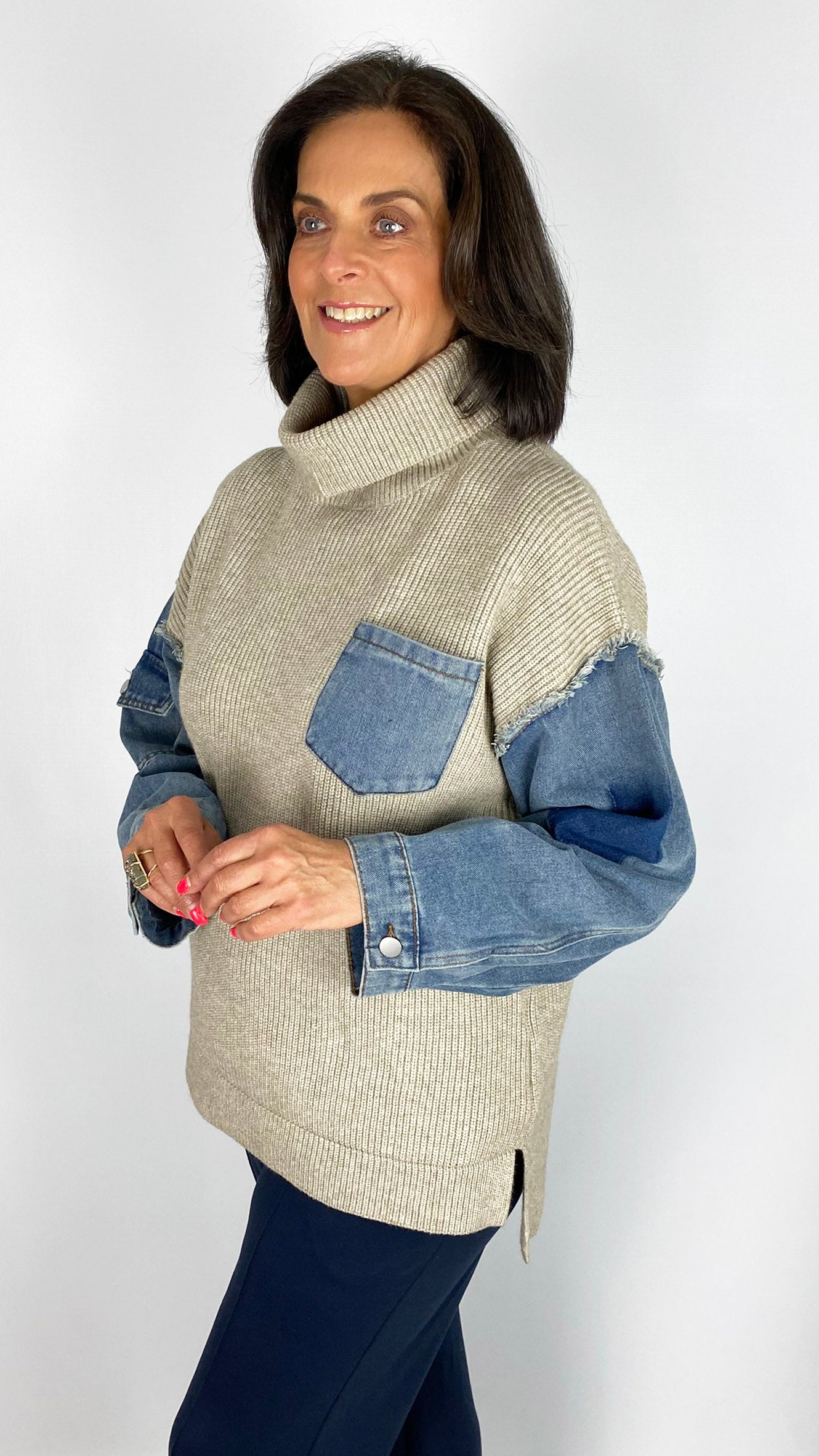 Rollneck knitted jumper w/ denim sleeves & pocket | Stone/Denim | by Malissa J