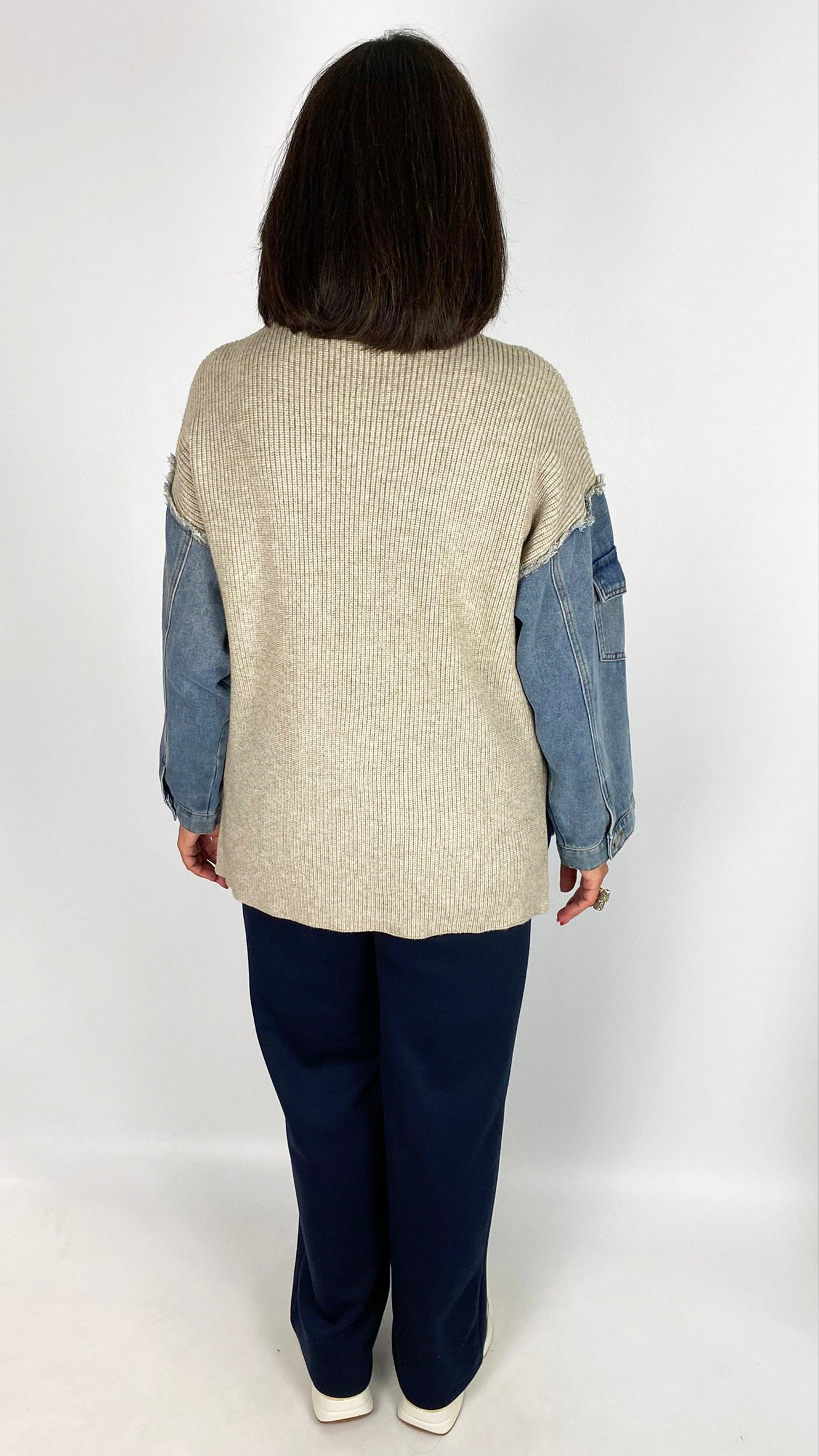 Rollneck knitted jumper w/ denim sleeves & pocket | Stone/Denim | by Malissa J