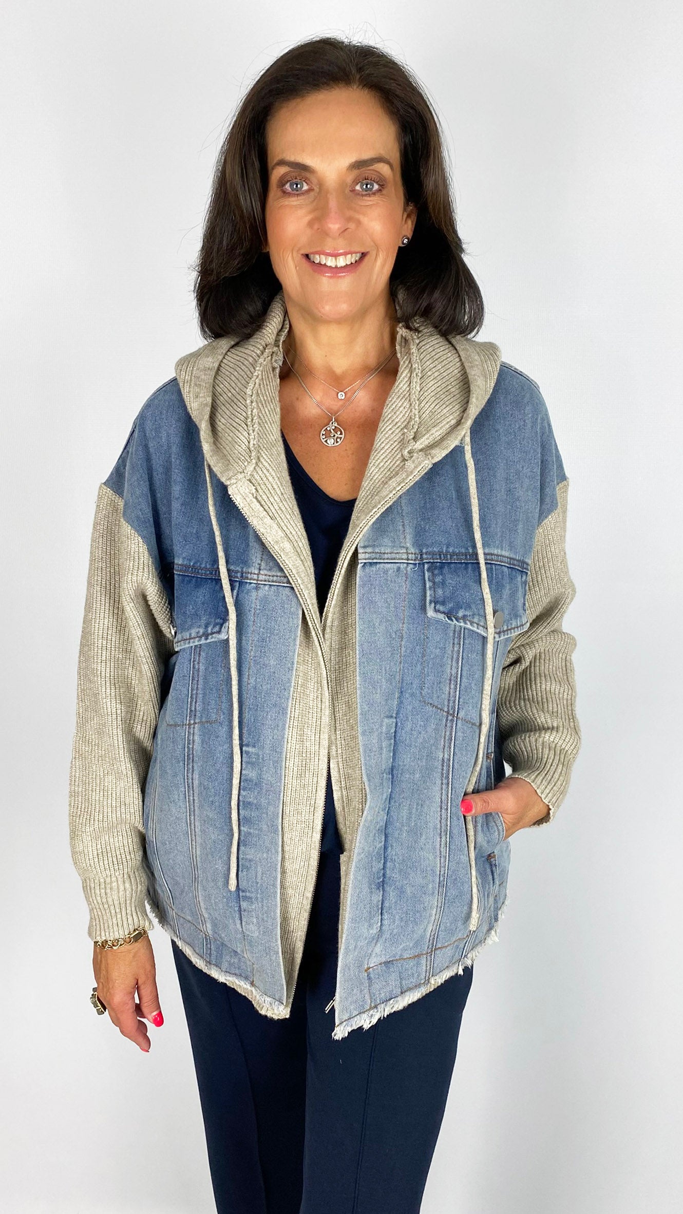Knit & denim mix hooded jacket | Stone/Denim | by Malissa J
