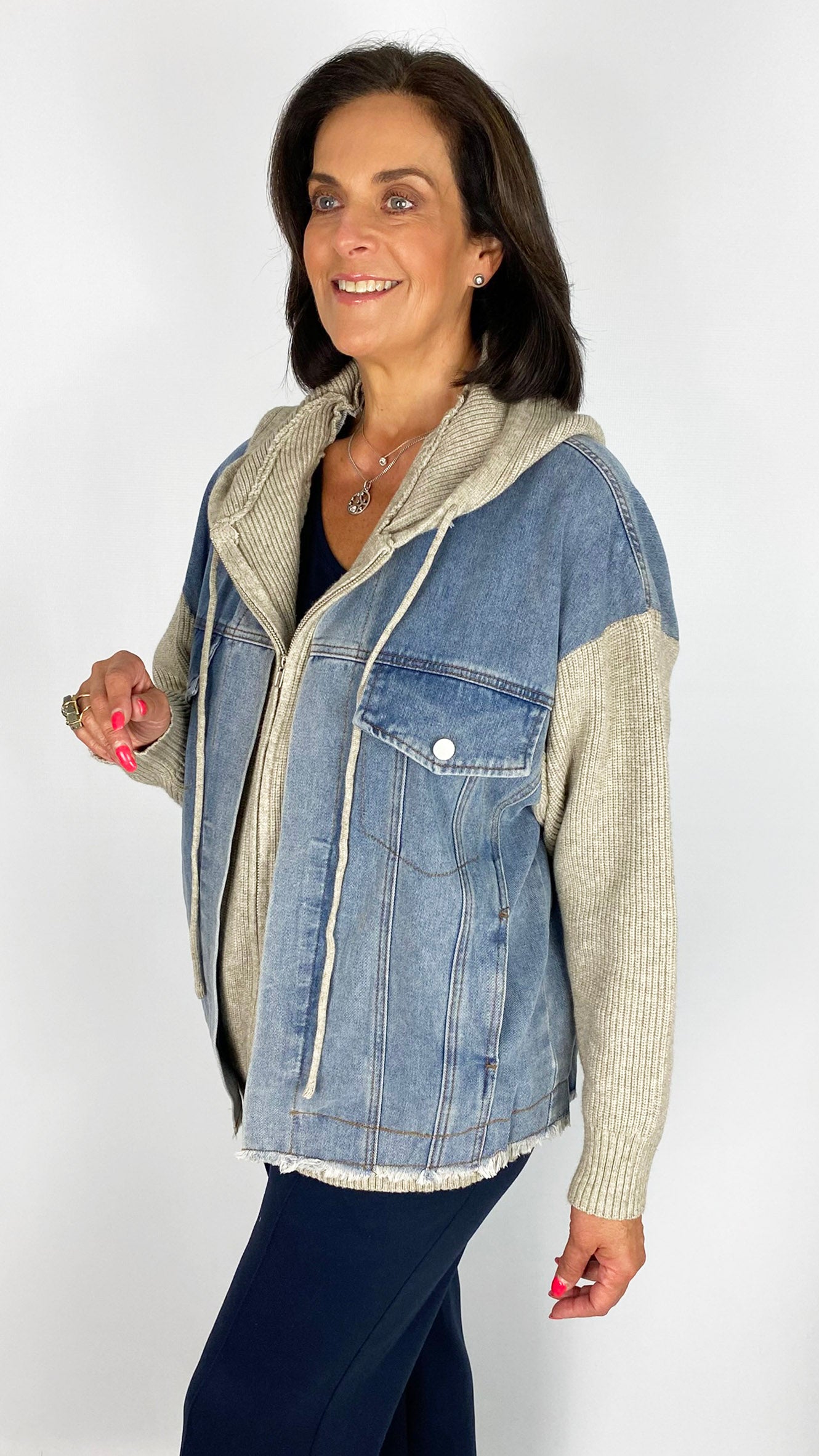 Knit & denim mix hooded jacket | Stone/Denim | by Malissa J