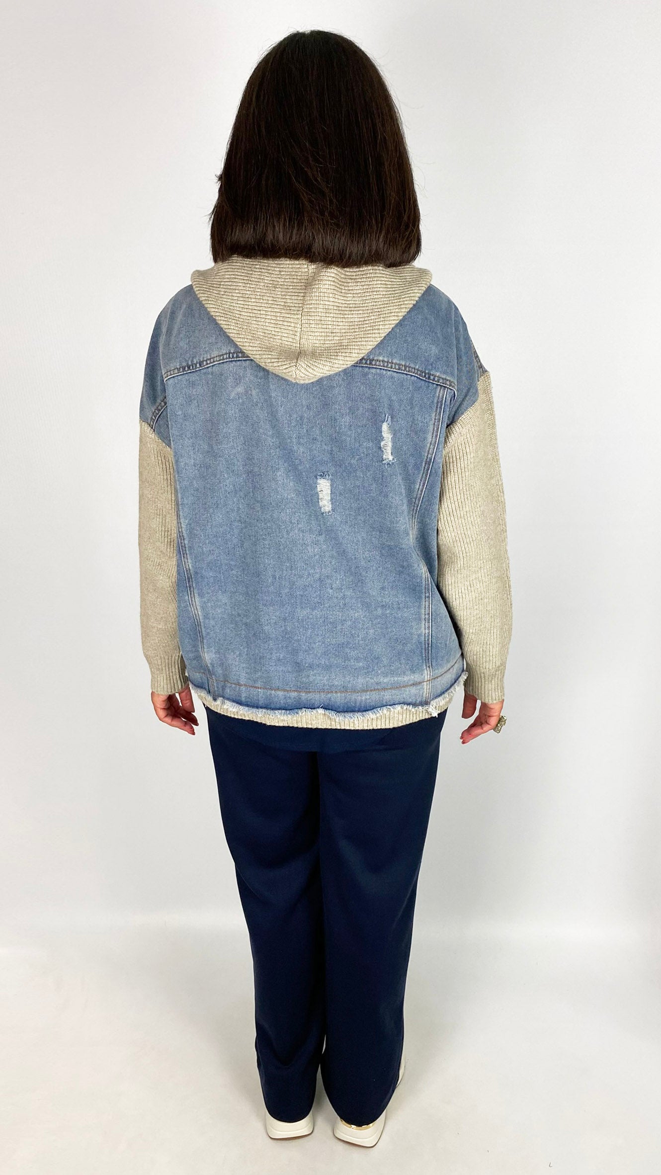 Knit & denim mix hooded jacket | Stone/Denim | by Malissa J