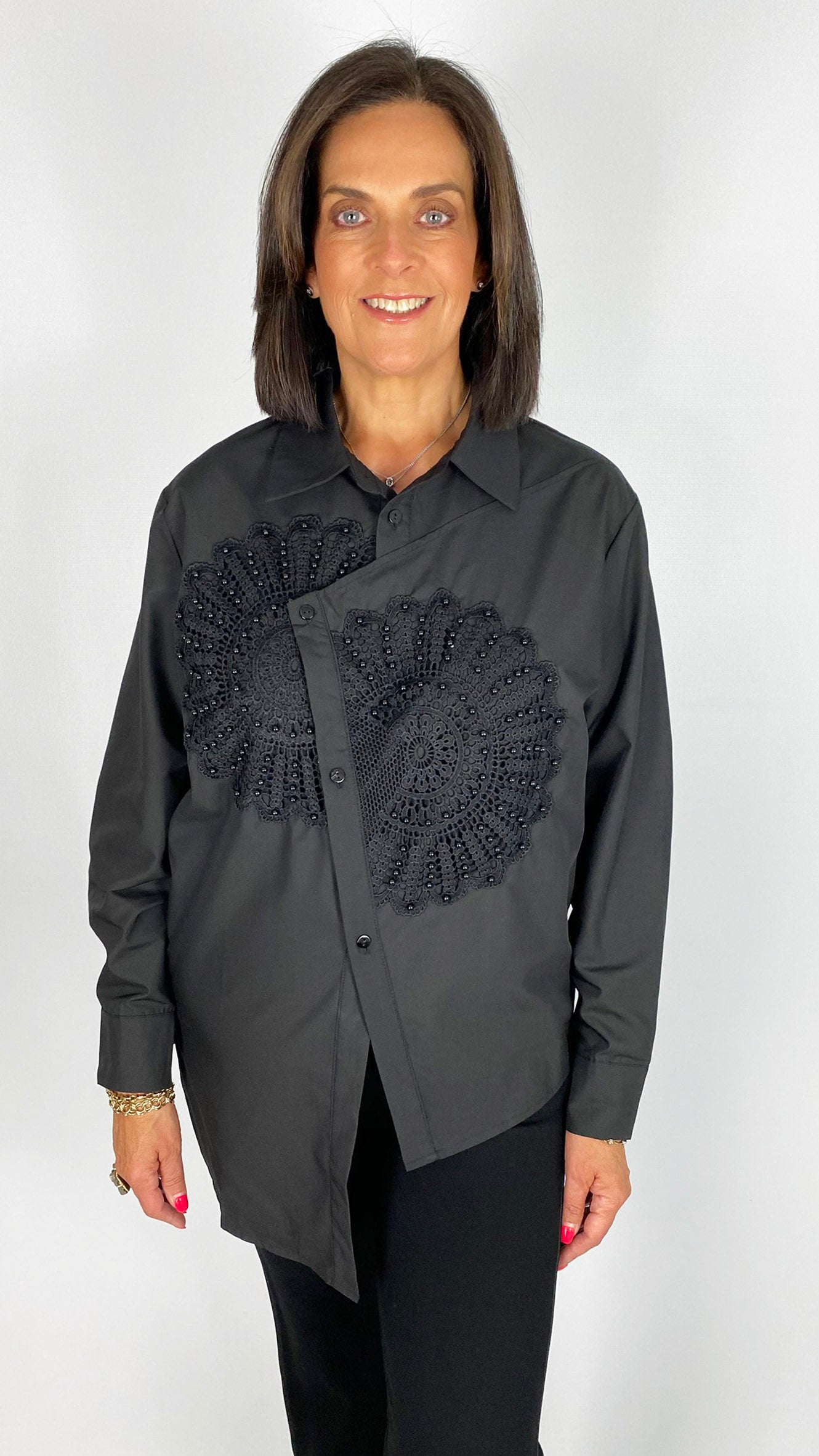 Beaded applique uneven hem shirt | 2 Colours | by Malissa J