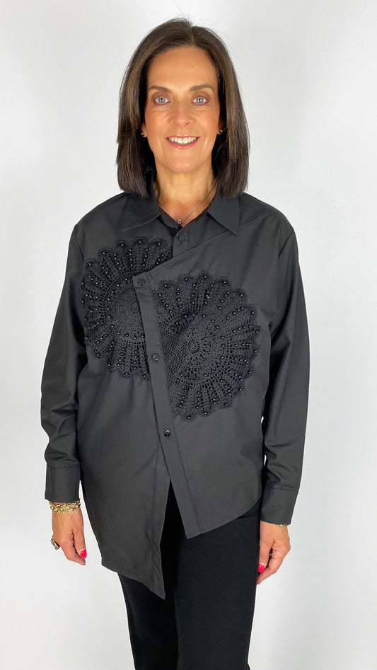 Beaded applique uneven hem shirt | 2 Colours | by Malissa J | last 1