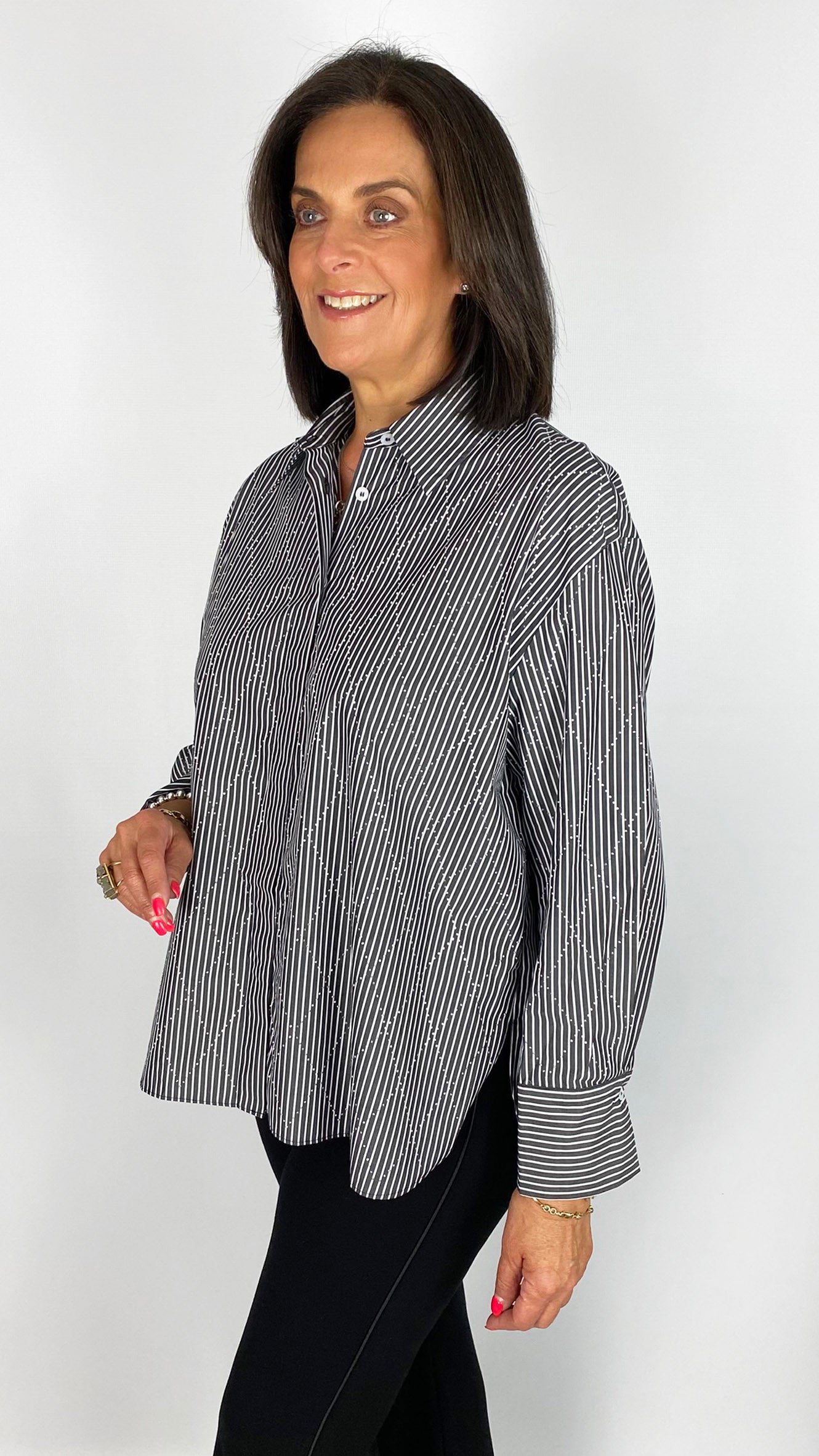 Studded criss cross pinstripe shirt |Black/White | by Malissa J