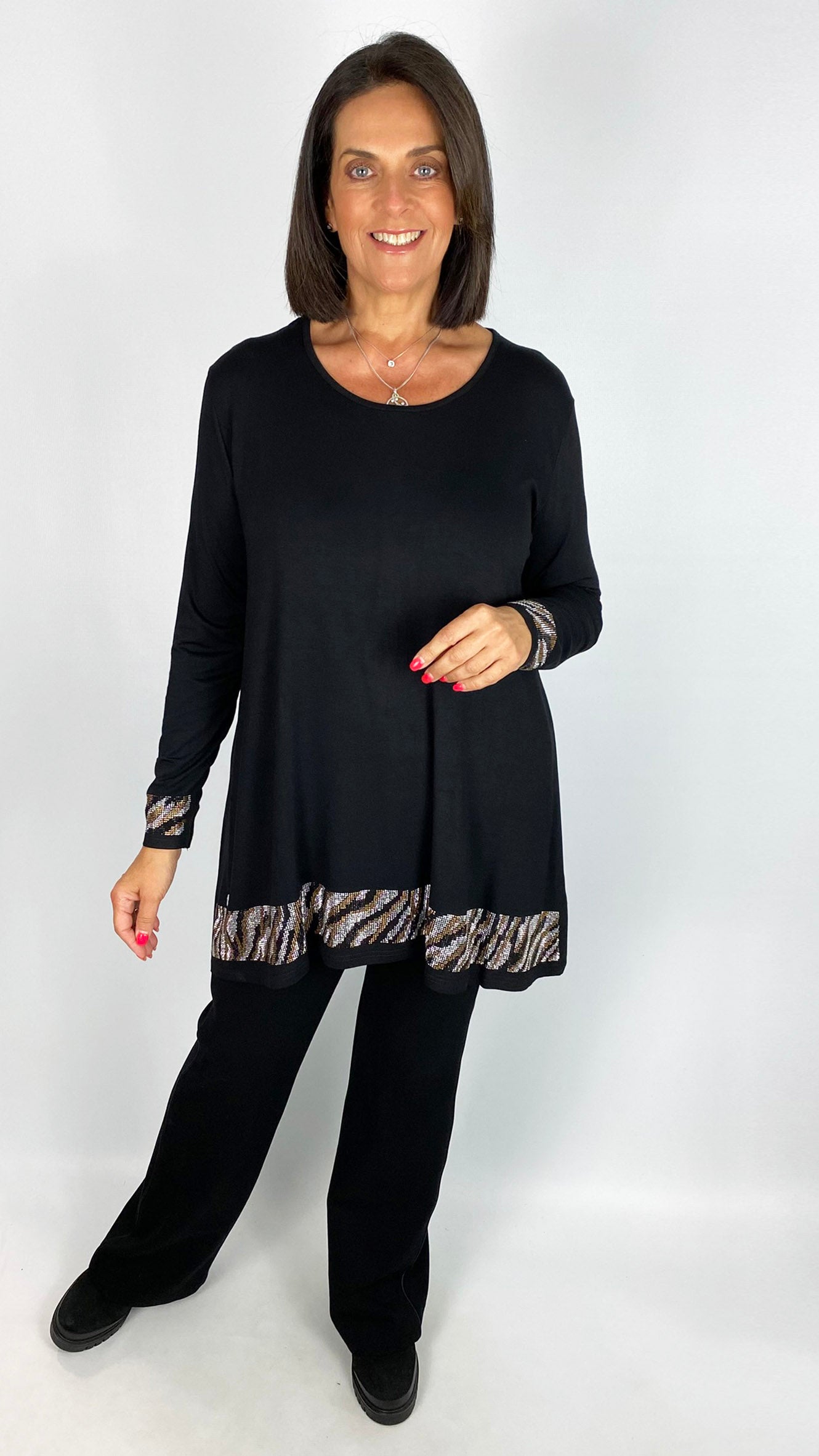 Jersey long sleeve top trimmed w/ animal print bling | Black | by Malissa J