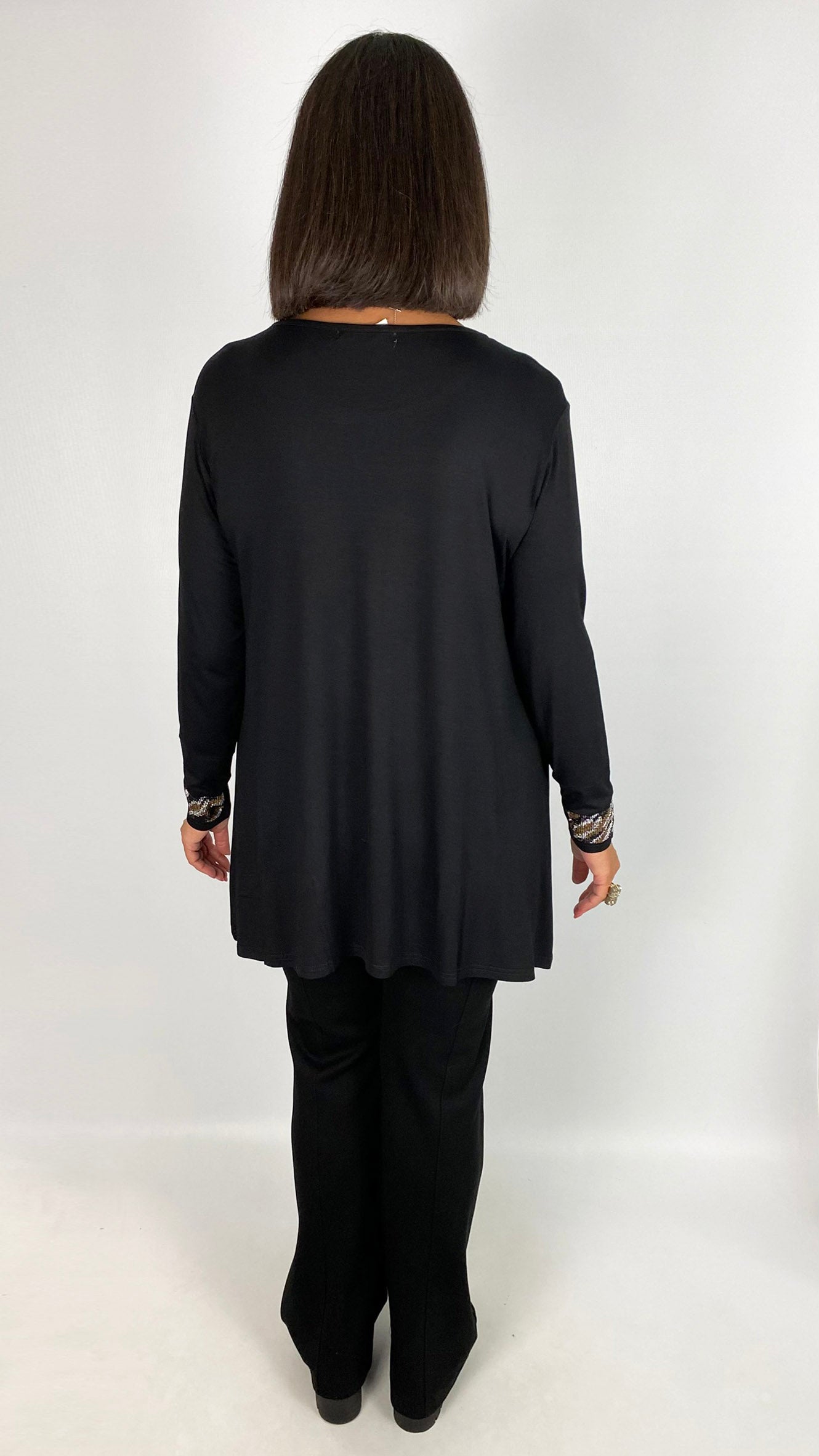 Jersey long sleeve top trimmed w/ animal print bling | Black | by Malissa J