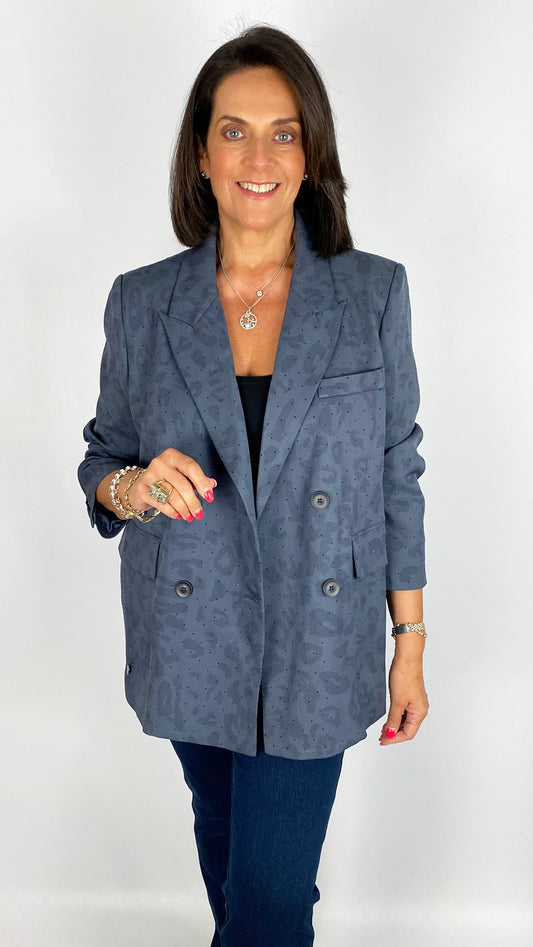 Leopard studded oversized double breasted blazer | Blue | by Malissa J