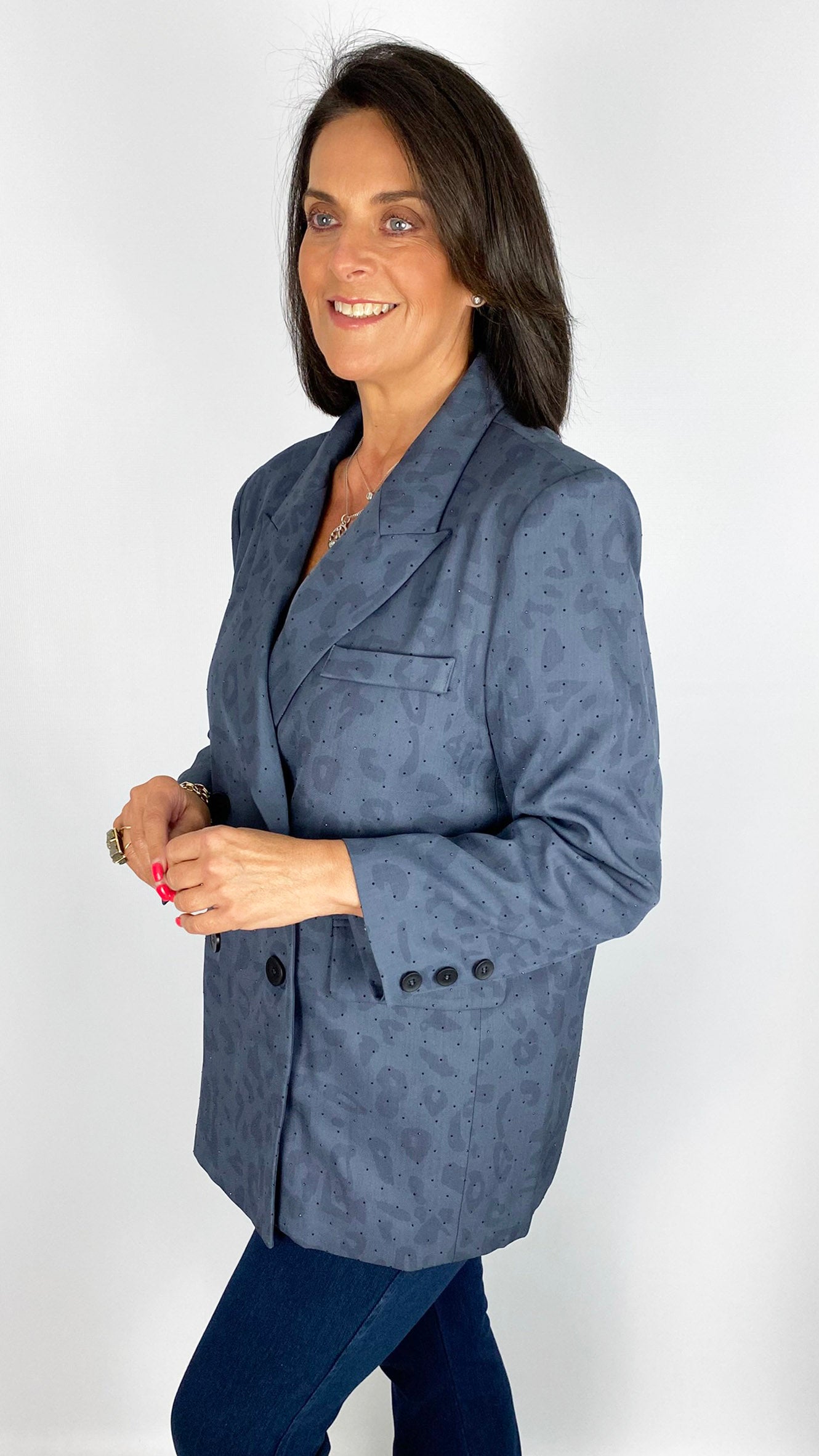 Leopard studded oversized double breasted blazer | Blue | by Malissa J