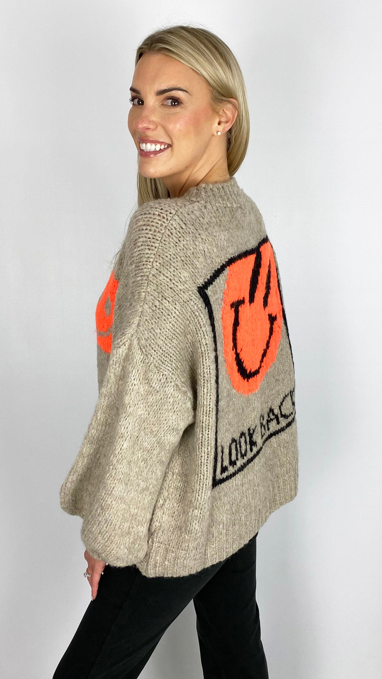 Neon smiley face & slogan back ultra soft jumper | 4 Colours