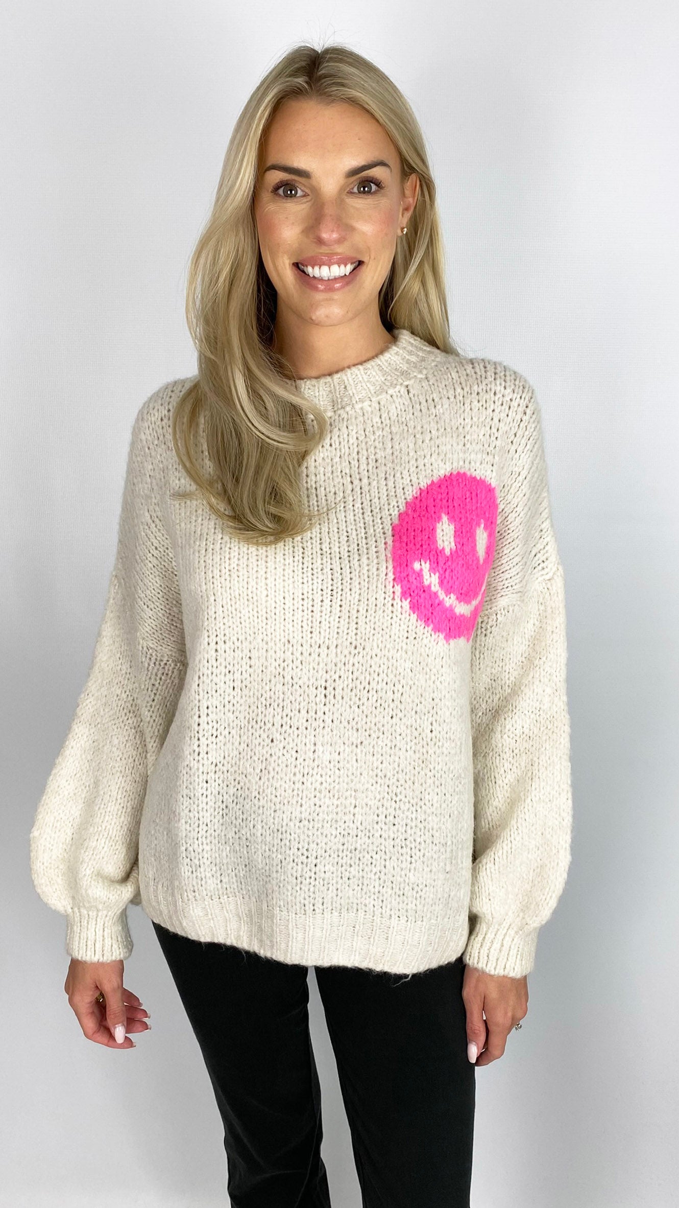 Neon smiley face & slogan back ultra soft jumper | 4 Colours
