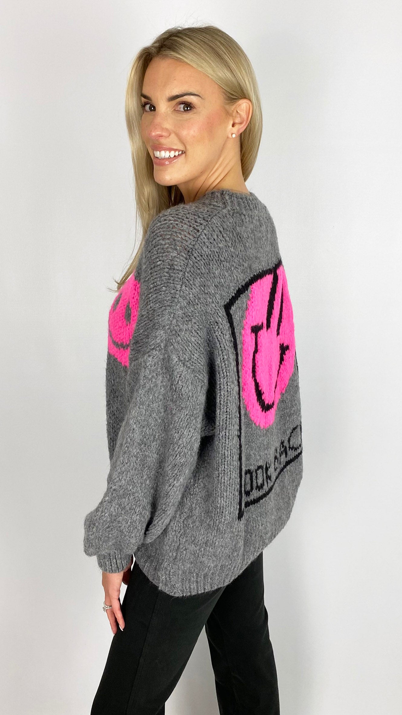 Neon smiley face & slogan back ultra soft jumper | 4 Colours