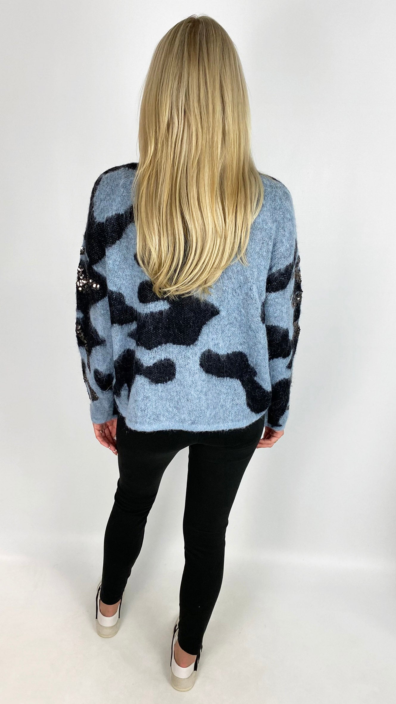 Sequin v-neck camo cardigan | Blue/Black