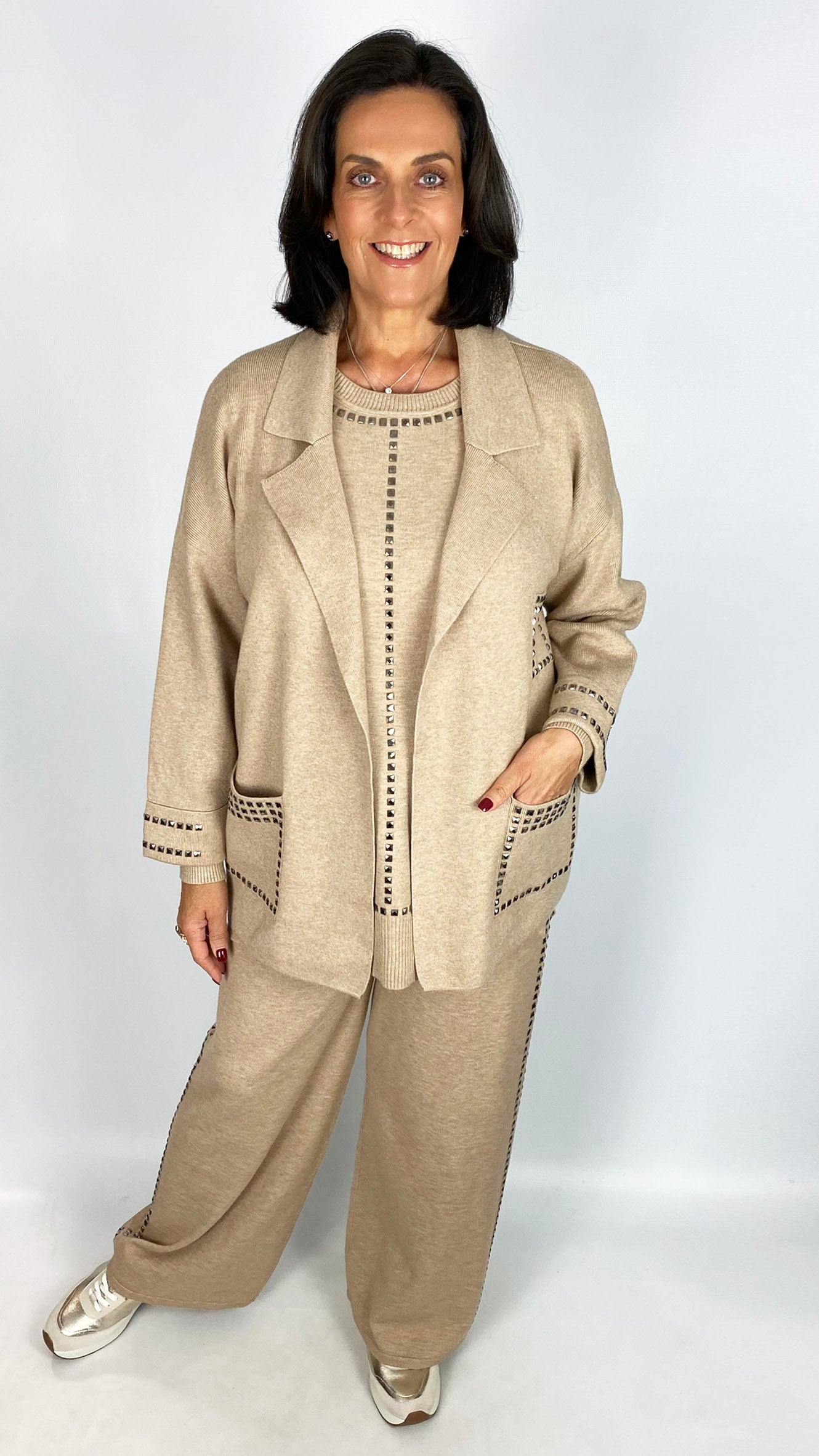 Studded edge-to-edge patch pocket knitted jacket | 2 Colours | by Malissa J