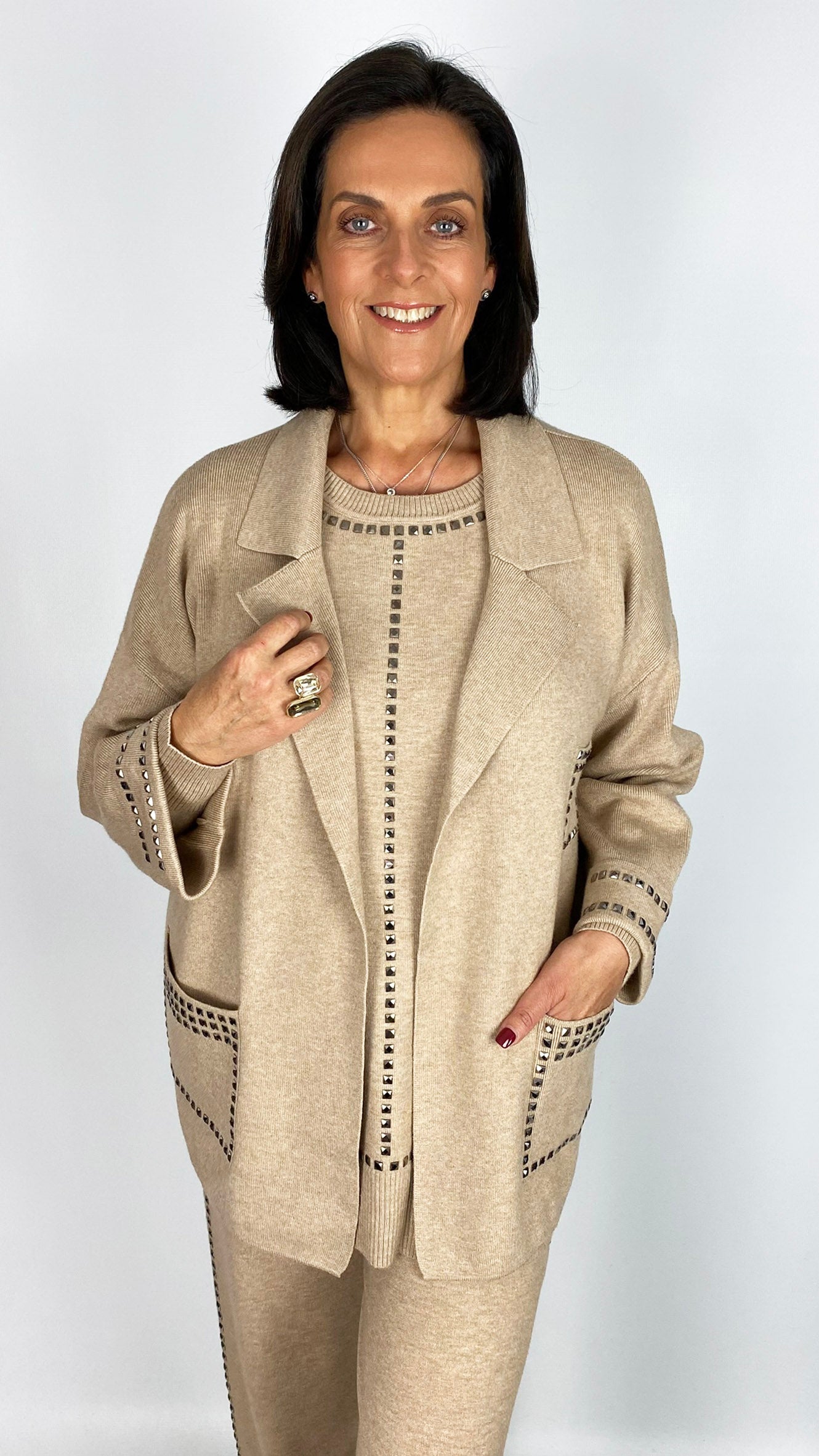 Studded edge-to-edge patch pocket knitted jacket | 2 Colours | by Malissa J