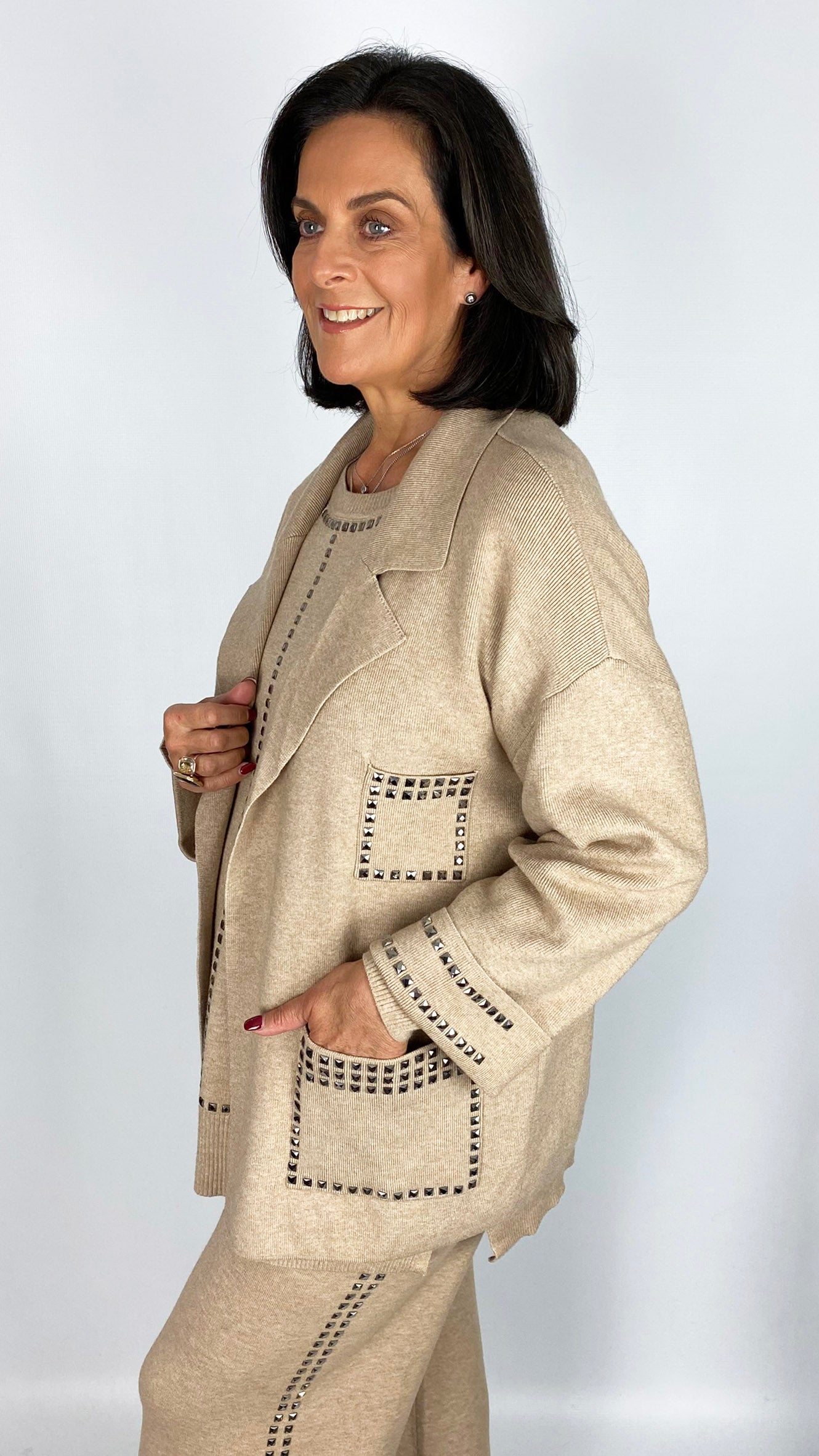 Studded edge-to-edge patch pocket knitted jacket | 2 Colours | by Malissa J
