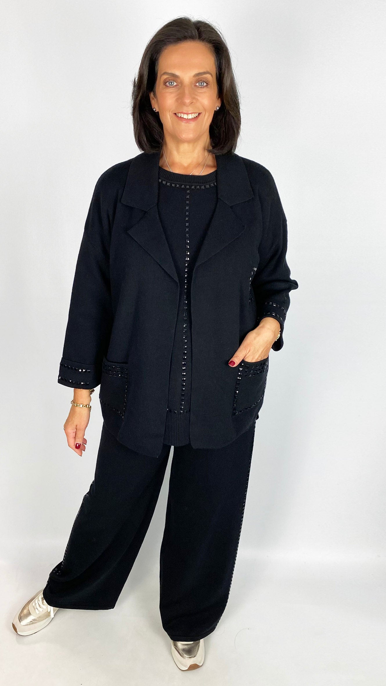 Studded edge-to-edge patch pocket knitted jacket | 2 Colours | by Malissa J
