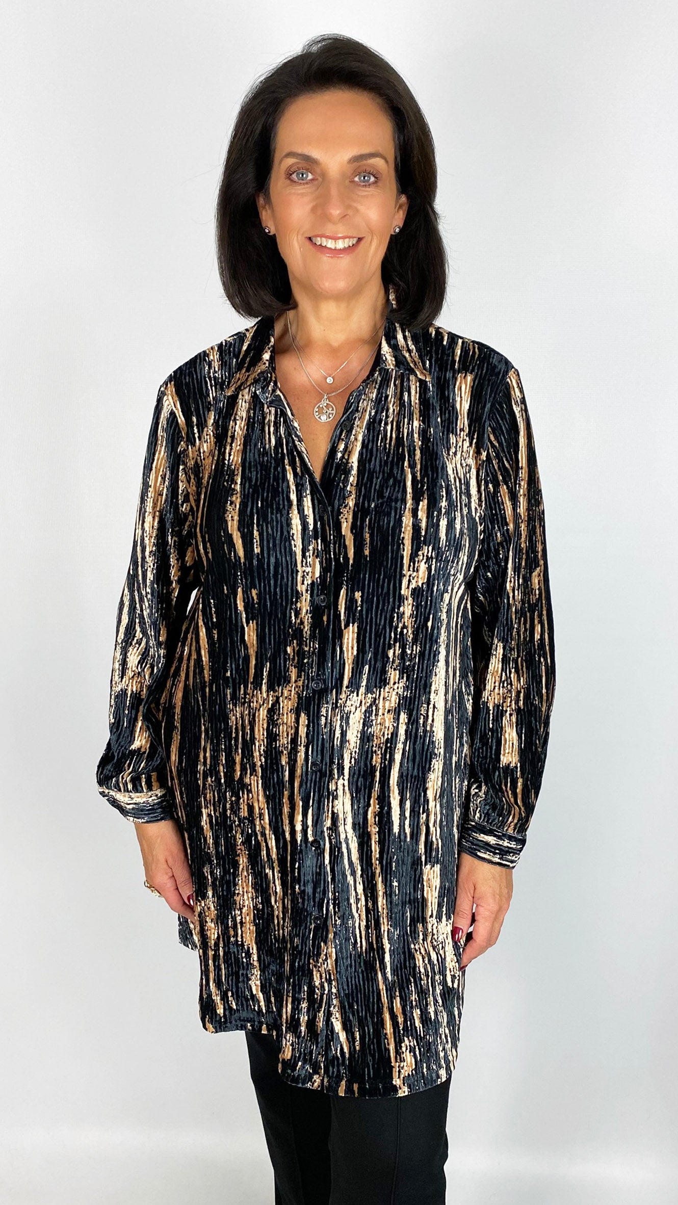 Ribbed velvet button-through longline shirt | Black/Gold | by Malissa J | last 1