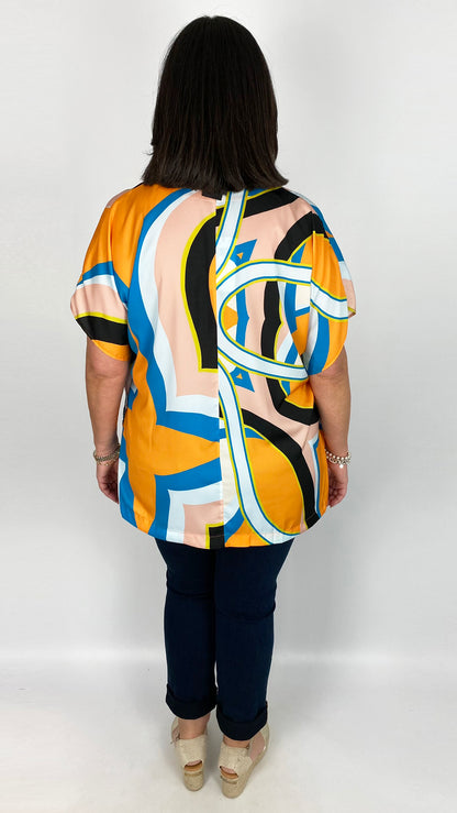 Short sleeve v-neck square cut print blouse by Mat (Orange Multi)