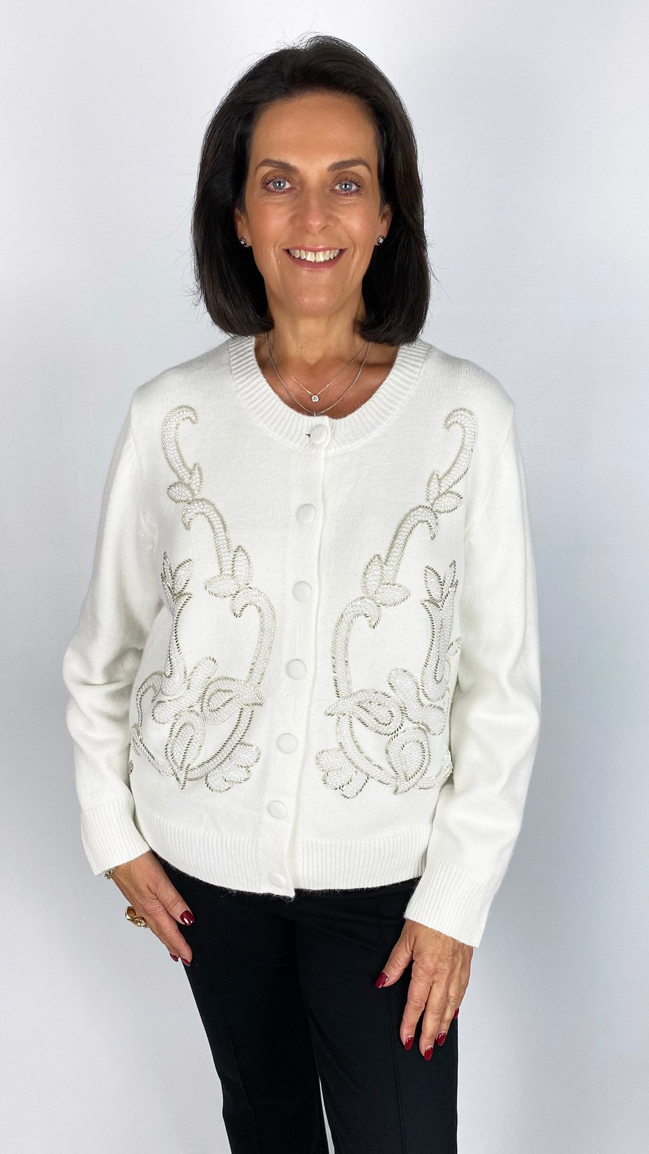 Pearl & beaded round neck cardigan | Black | by Malissa J