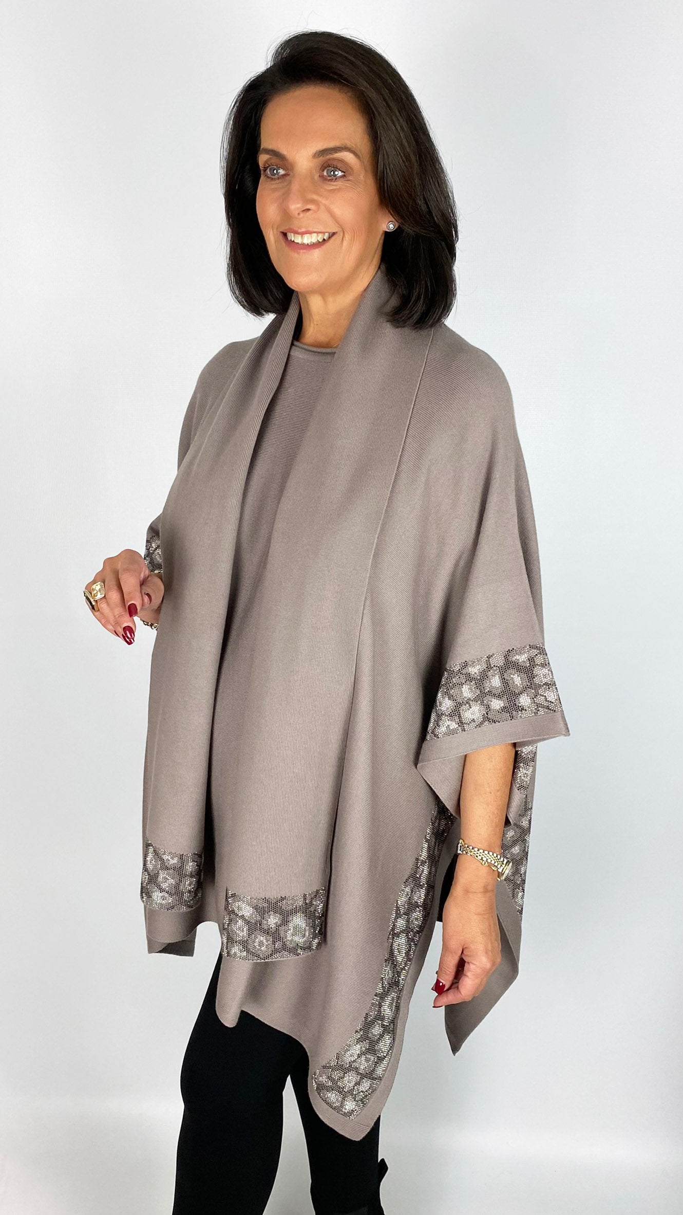 Leopard stud border poncho top & scarf set | Stone | by Malissa J