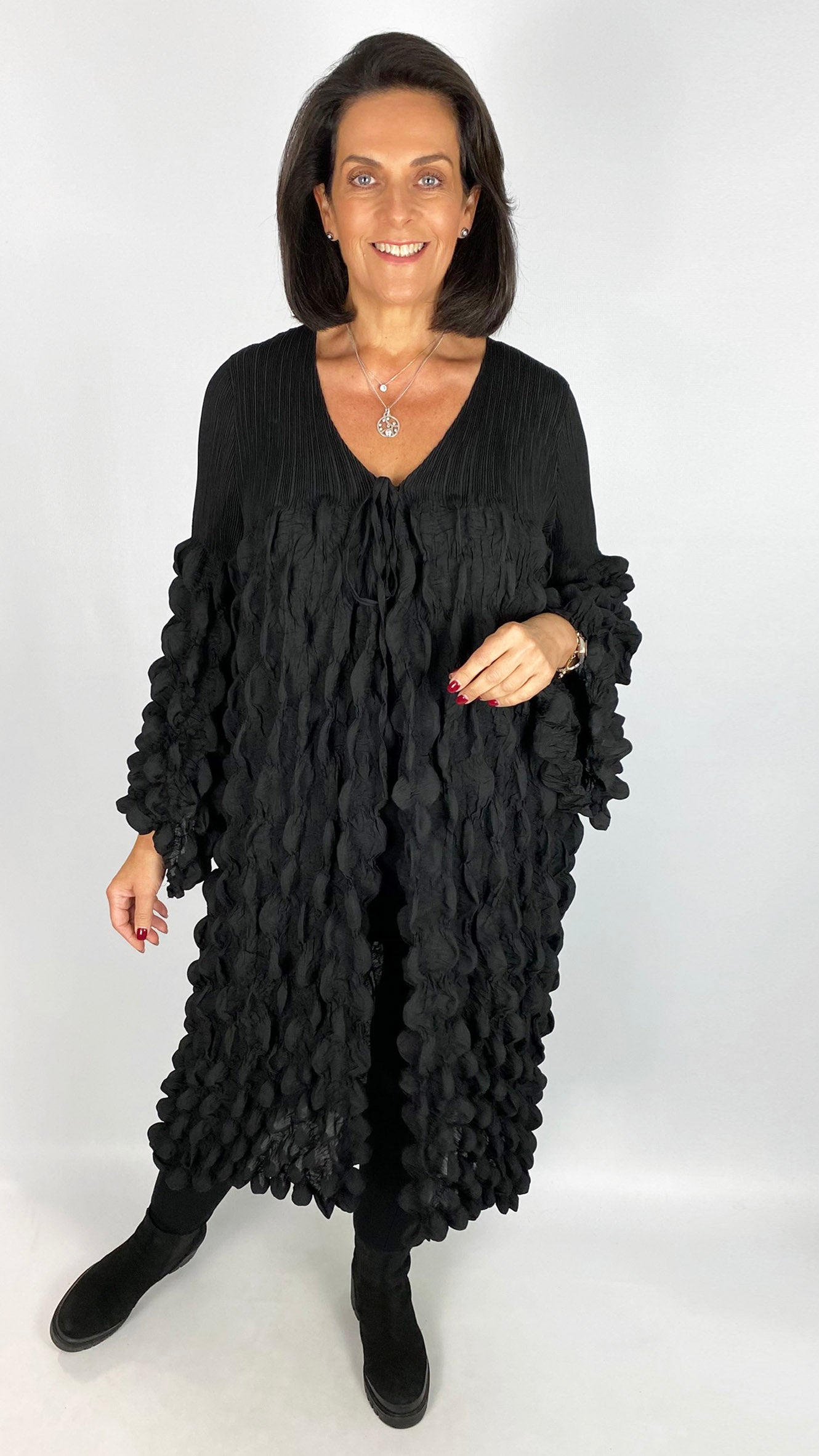 Tie-front bubble longline jacket | Black | by Malissa J