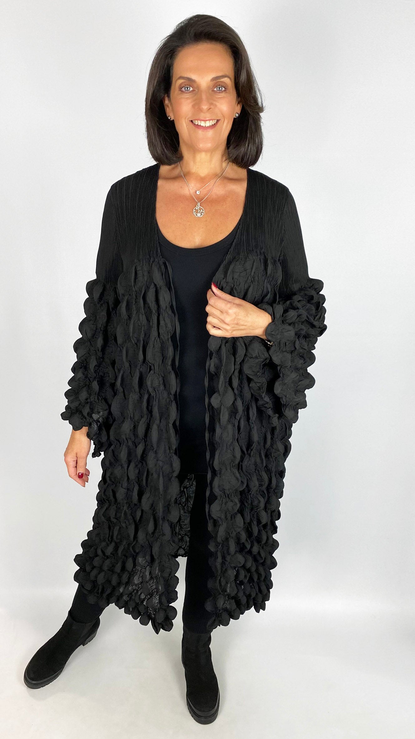 Tie-front bubble longline jacket | Black | by Malissa J