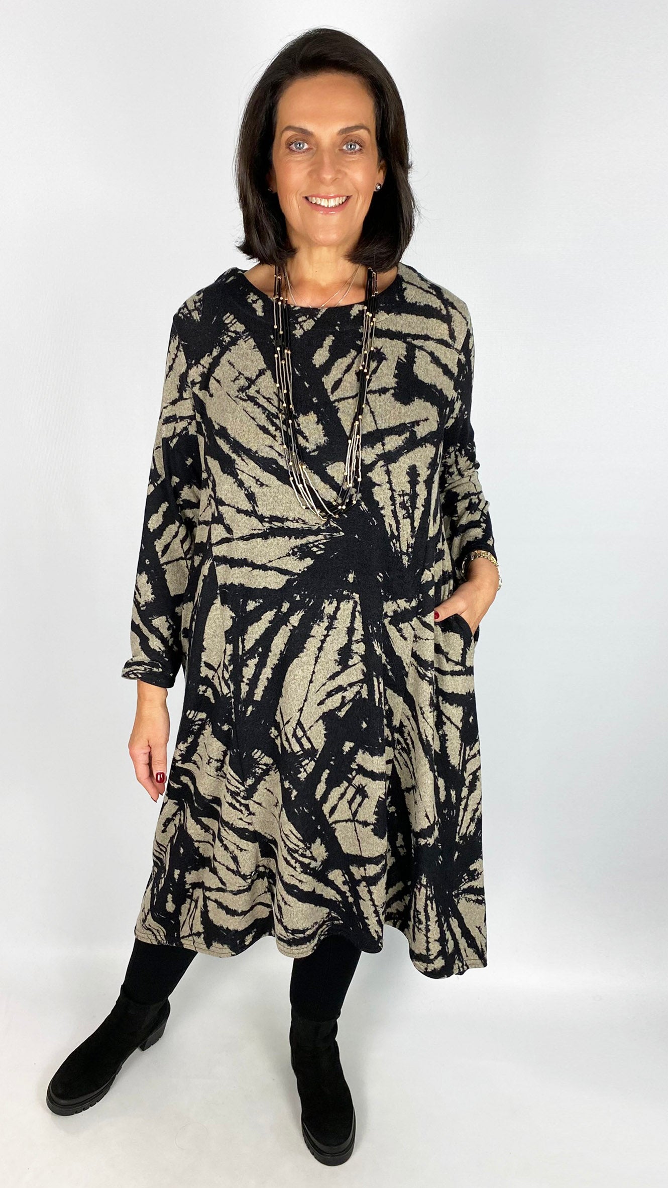 Print dipped sides long sleeve dress | Stone/Black | by Malissa J