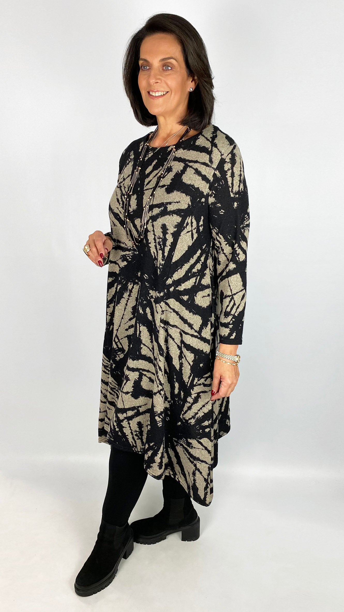 Print dipped sides long sleeve dress | Stone/Black | by Malissa J