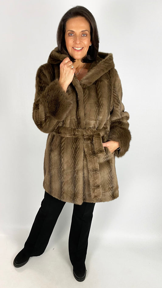 Feathered faux fur hooded midi jacket | Brown | by Malissa J