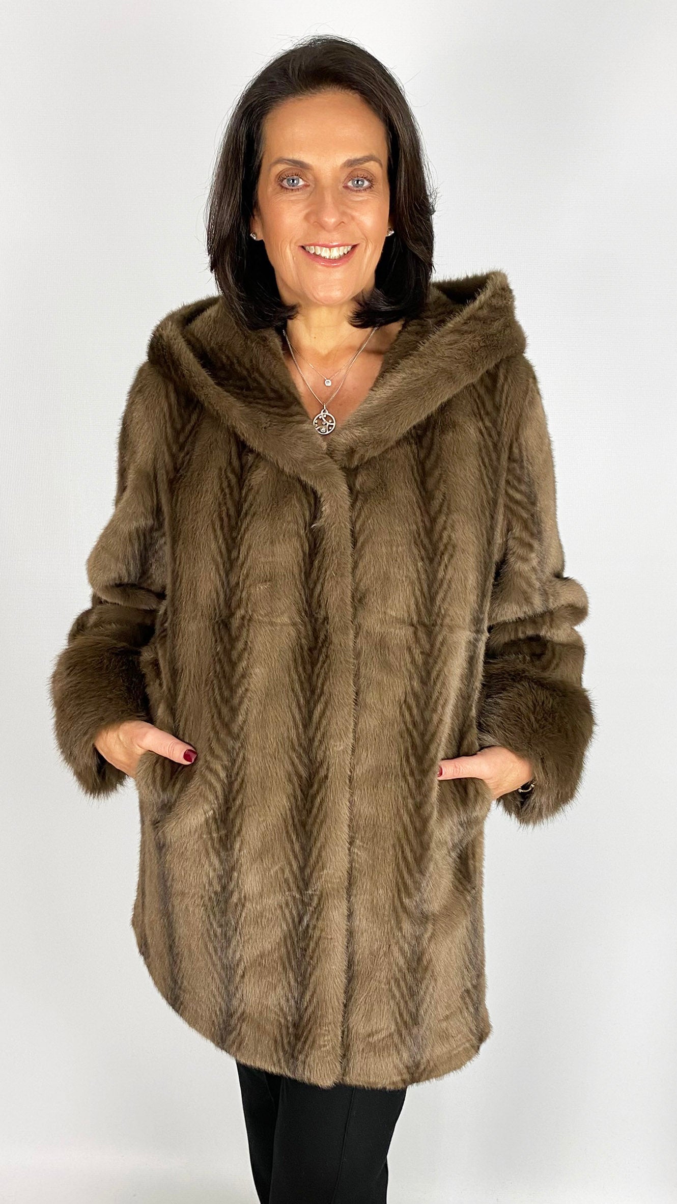 Feathered faux fur hooded midi jacket | Brown | by Malissa J